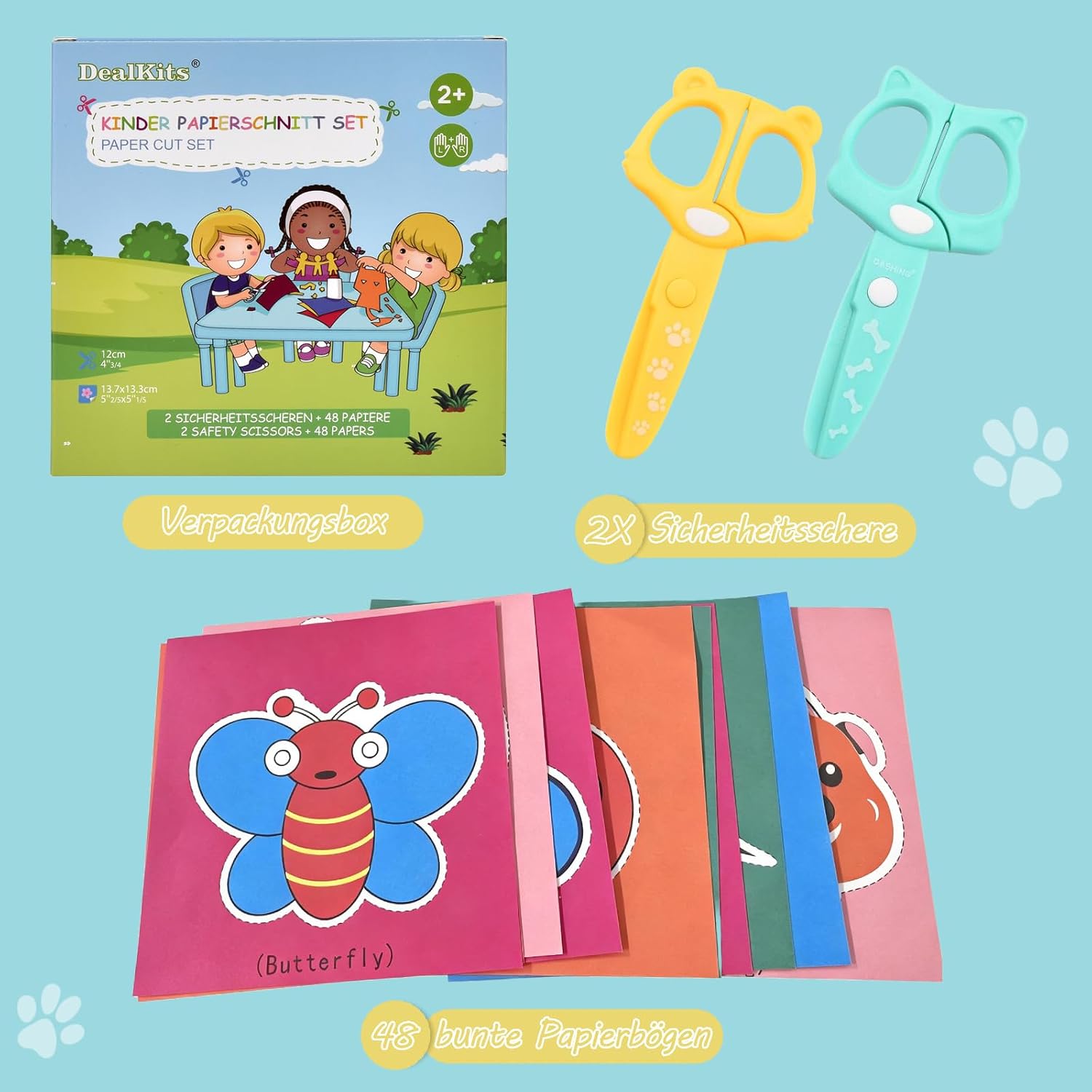 Detalle 2 de DealKits Papierschnitt-Set mit 2 Scheren & 48 Blatt Papier – Lernset für Kinder ab 3 Jahren