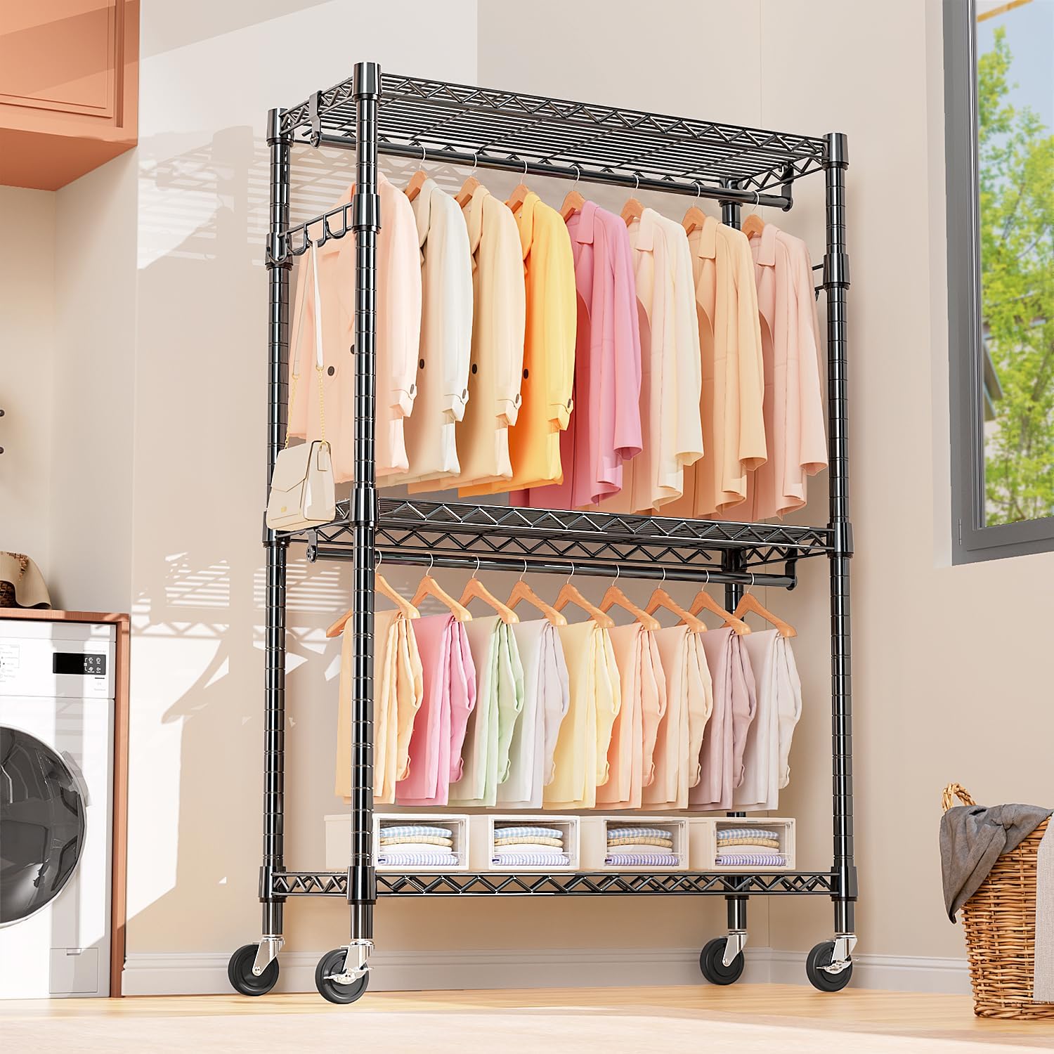 Thumbnail 6 de M MZG A45120205VBK302 Heavy-Duty Rolling Garment Rack, 3 Shelves, 2 Rods