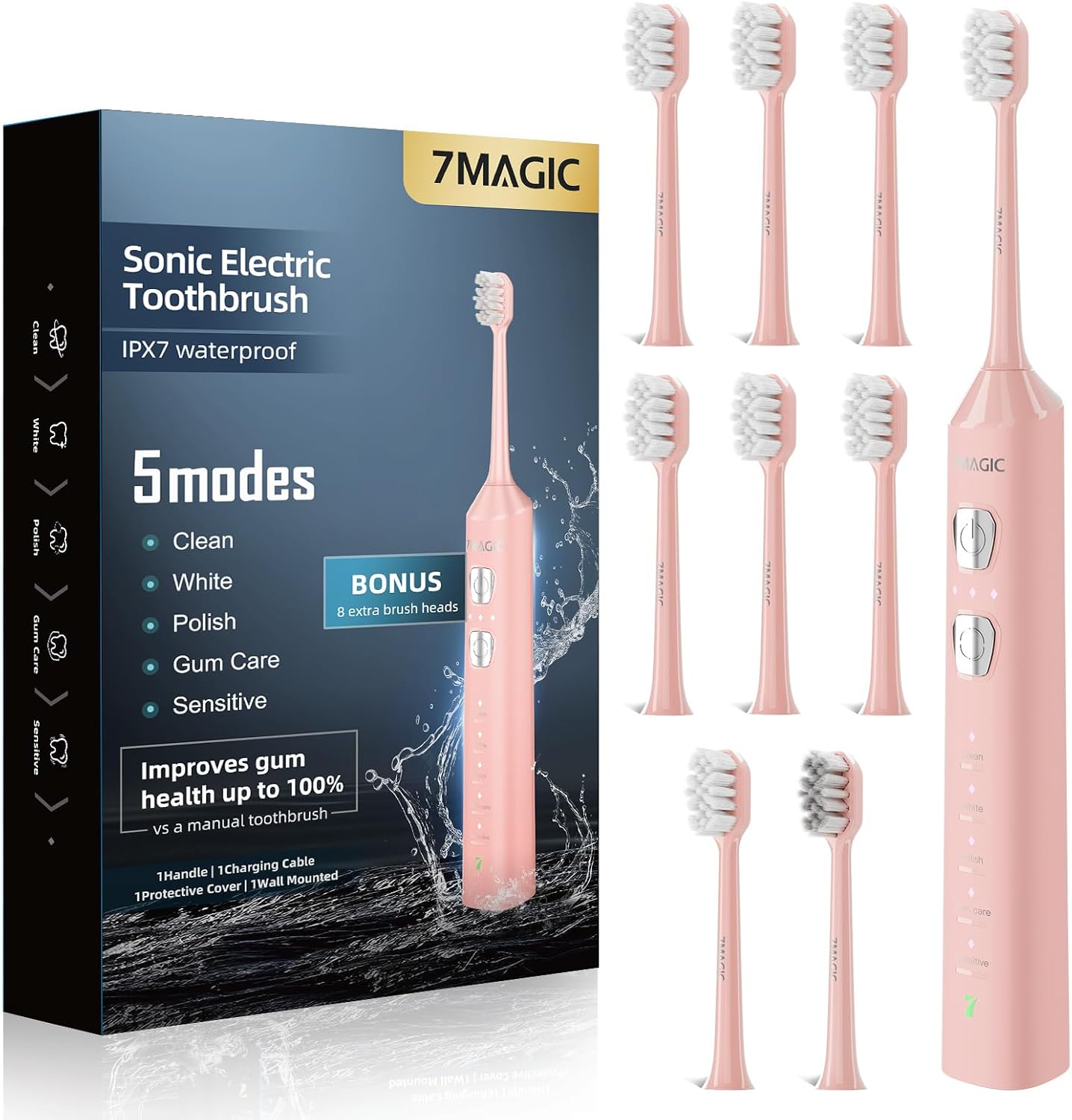 Imagen de 7MAGIC Sonic Electric Toothbrush (Pink) with 180-Day Runtime, 5 Modes & 3 Intensities en OfertitasTOP