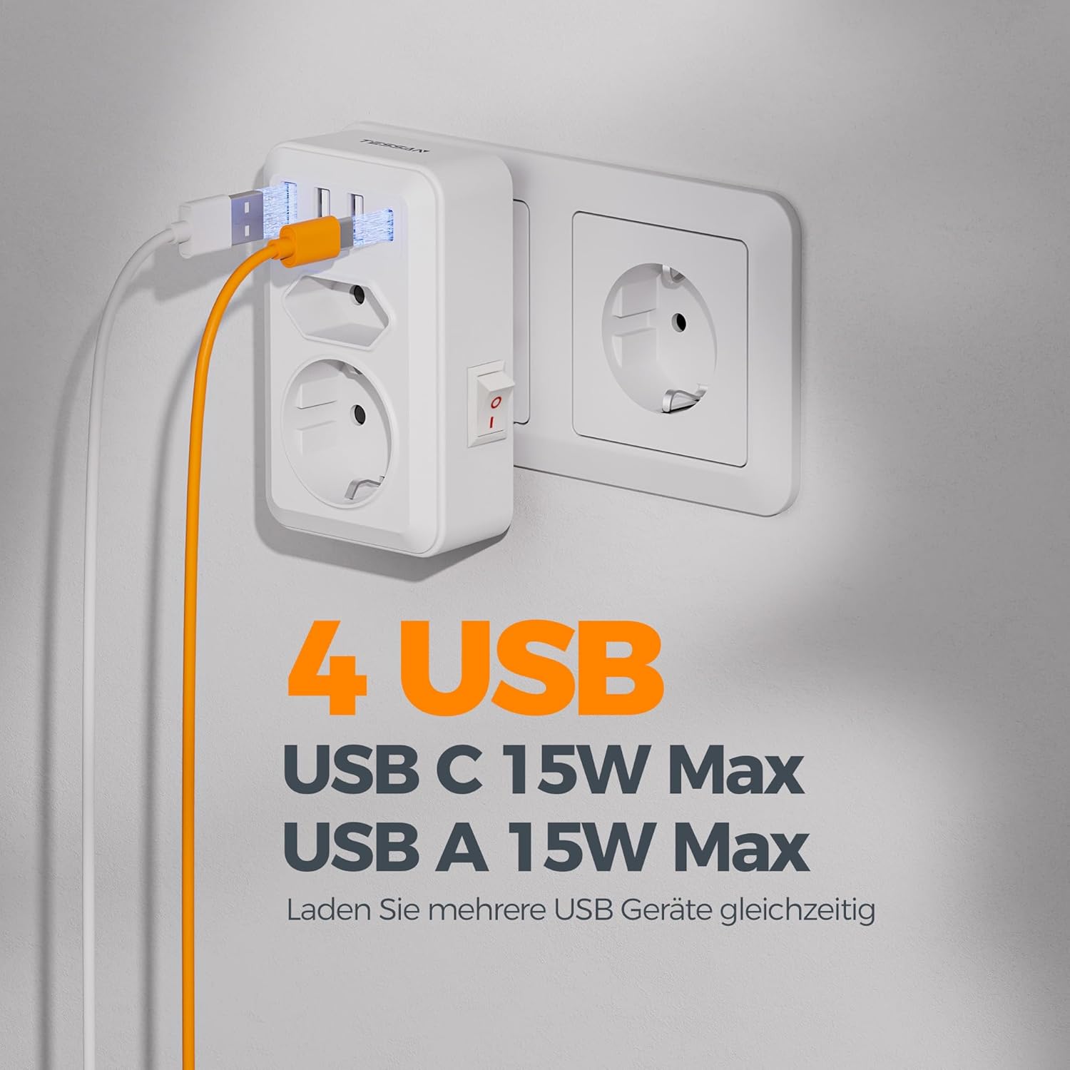 Thumbnail 2 de TESSAN Doppelstecker für Steckdose mit 4 USB-Anschlüssen – 2-fach Steckdosenadapter mit Schalter, 4000W, USB-C & USB-A