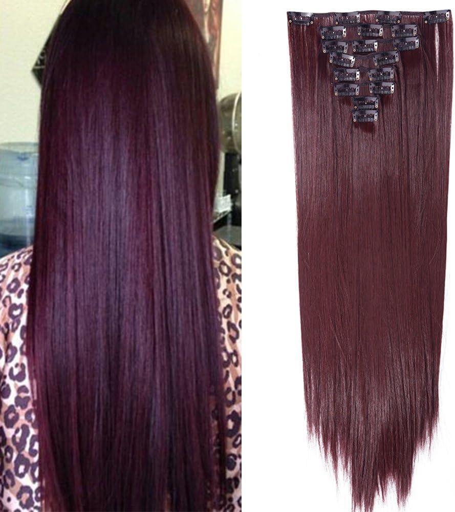 Detalle de SEGO 58cm Clip in Extension Capelli Sintetici Lunghi Lisci – 8 Fasce 140g, Colore Vino Rosso