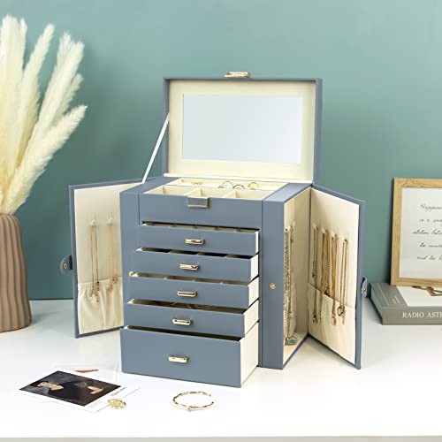 Detalle de KAMIER Boîte à bijoux pour femme – grande boîte de rangement à 6 couches avec miroir et 5 tiroirs, bleu-gris