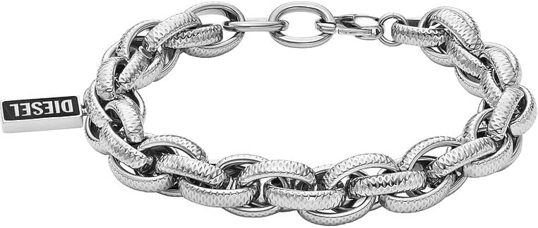 Detalle de Diesel Herren Edelstahlarmband Silberfarben mit Karabinerverschluss – 18 cm + 1,5 cm Verlängerung