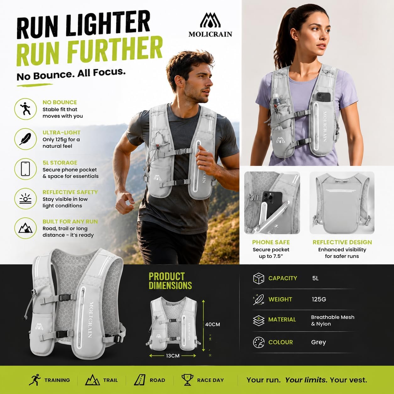Thumbnail 1 de MOLICRAIN Running Vest Phone Holder: 5L Lightweight Hydration Vest for All‑Terrain Running