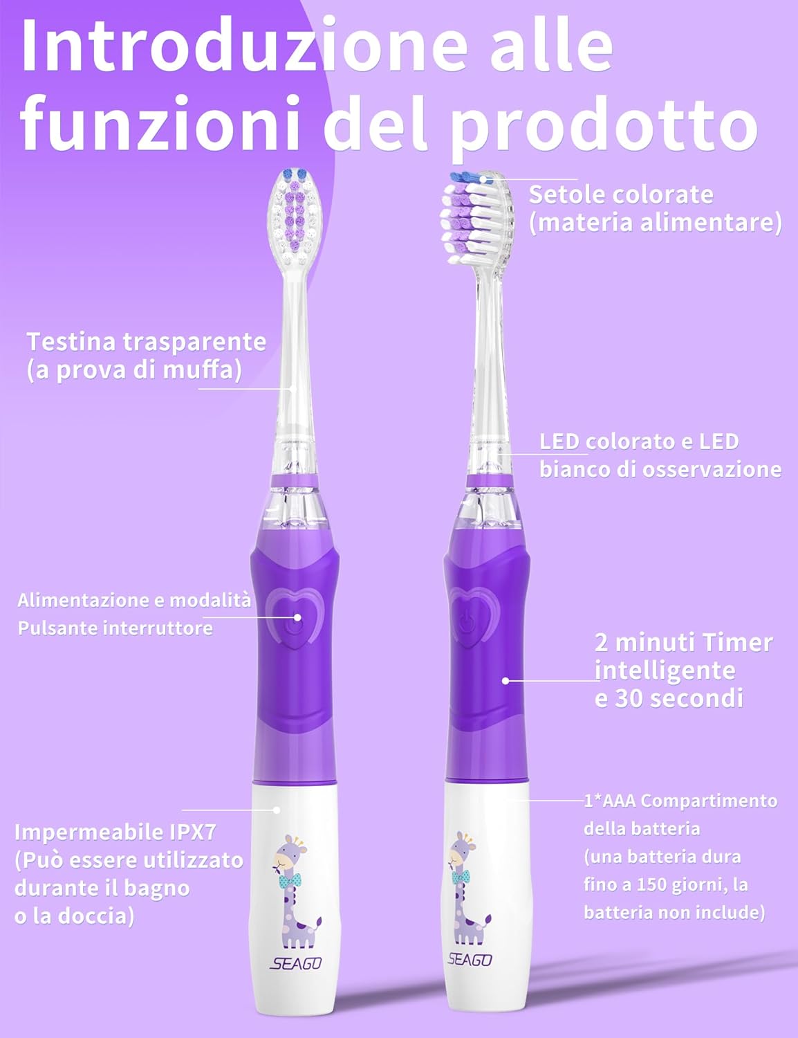 Thumbnail 3 de Seago Spazzolino elettrico per bambini 3-12 anni SG-977 viola, con 4 testine, LED e timer