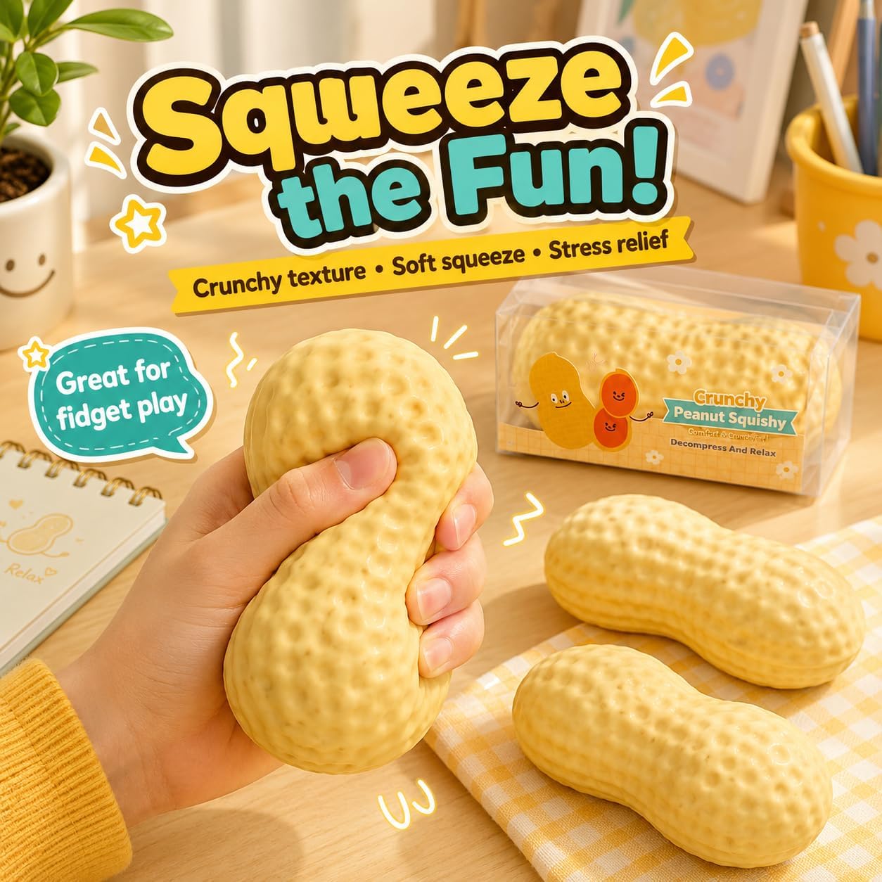 Detalle 2 de Generic BALL Peanut-Shaped TPR Squishy Fidget Toy, Yellow, Slow-Rising