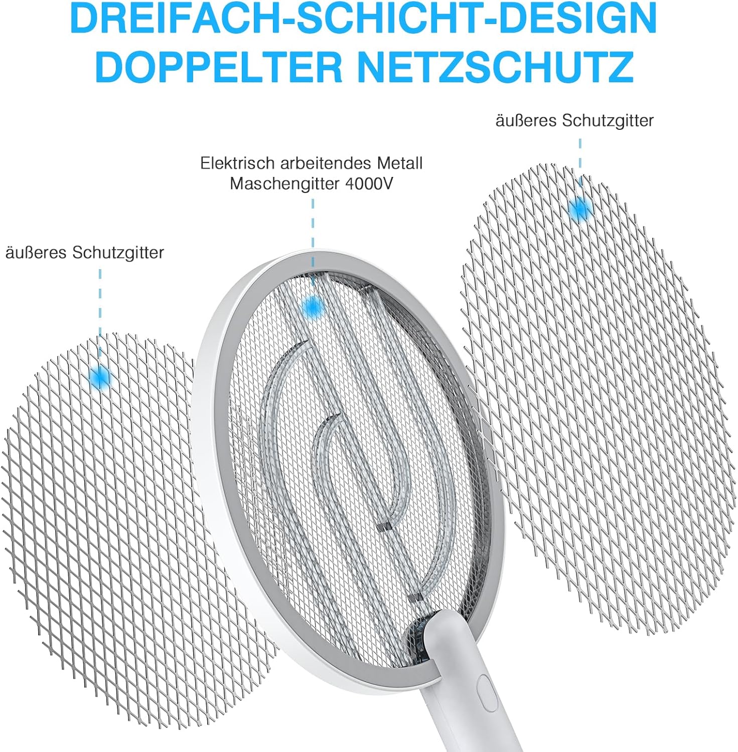 Detalle de PALONE Elektrische Fliegenklatsche Insektenvernichter 2-in-1: 4000V, UV-Lampe, USB-Aufladung