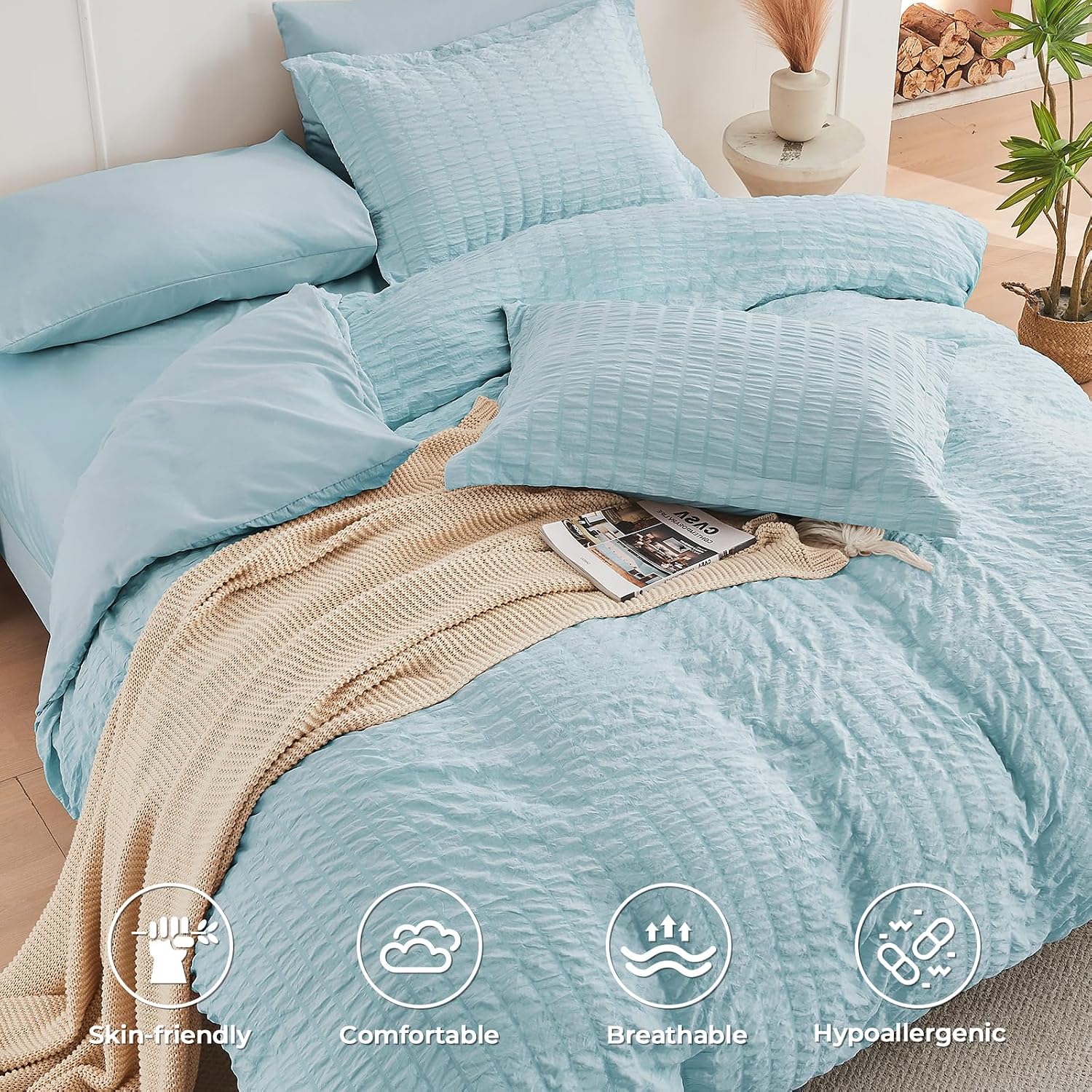 Detalle de HYMOKEGE Lake Blue King Seersucker Comforter Set, 7-Piece Bed in a Bag