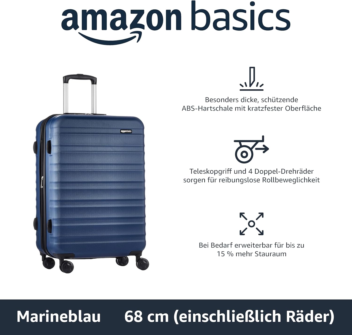 Detalle de Amazon Basics Hartschalen-Koffer Mittelgroß – Erweiterbares ABS-Reisegepäck, Marineblau, 65 l