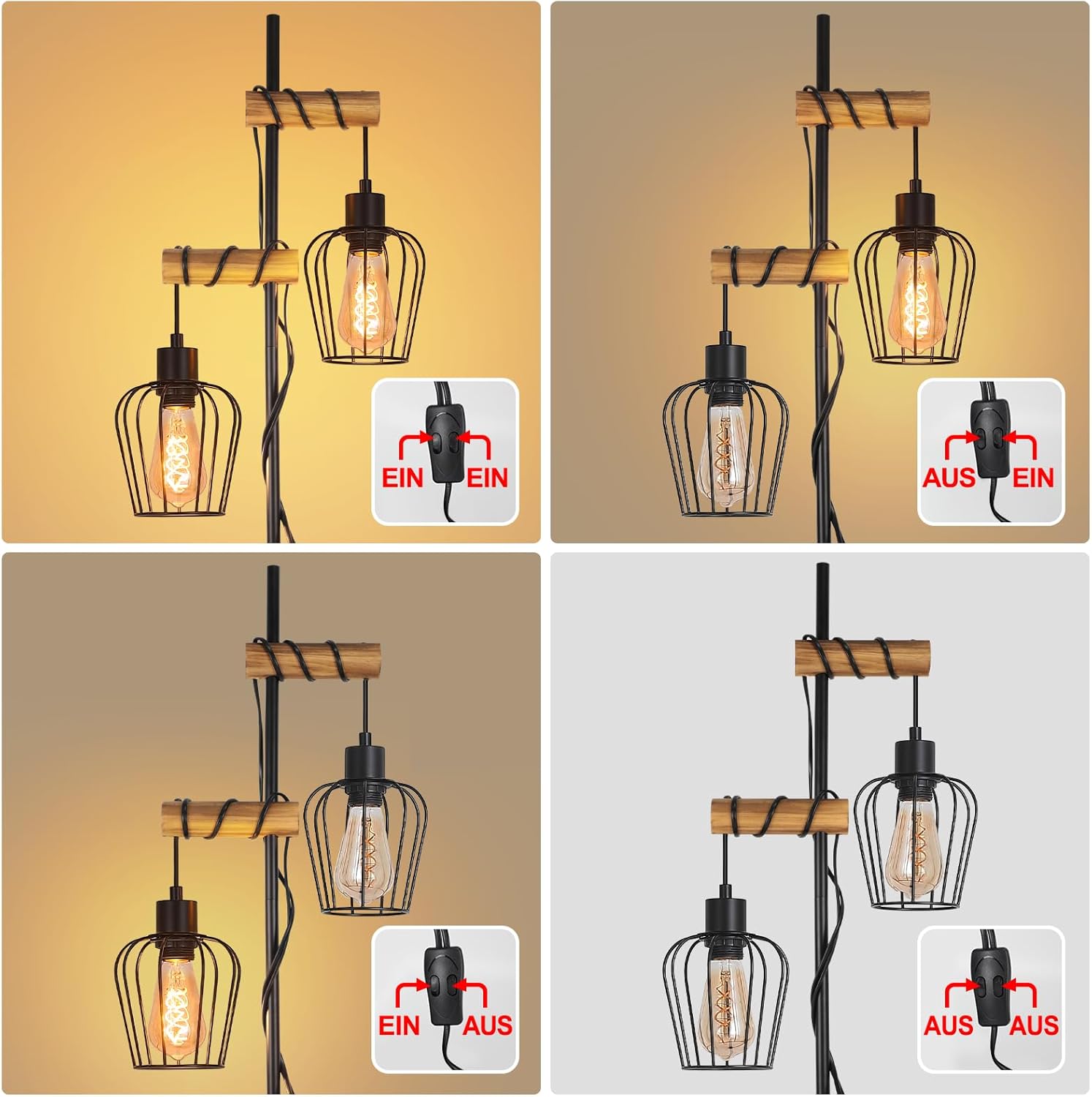 Thumbnail 3 de ZMH Stehlampe Wohnzimmer – Holz, Schwarz, Vintage-Industrial, 2-flammig, 151 cm