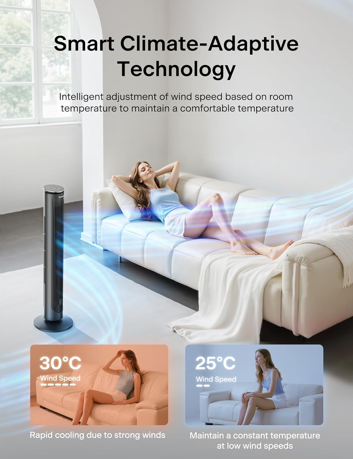 Detalle 2 de Pelonis 42-Inch Tower Fan with Remote — Quiet, Energy-Saving Cooling for Home