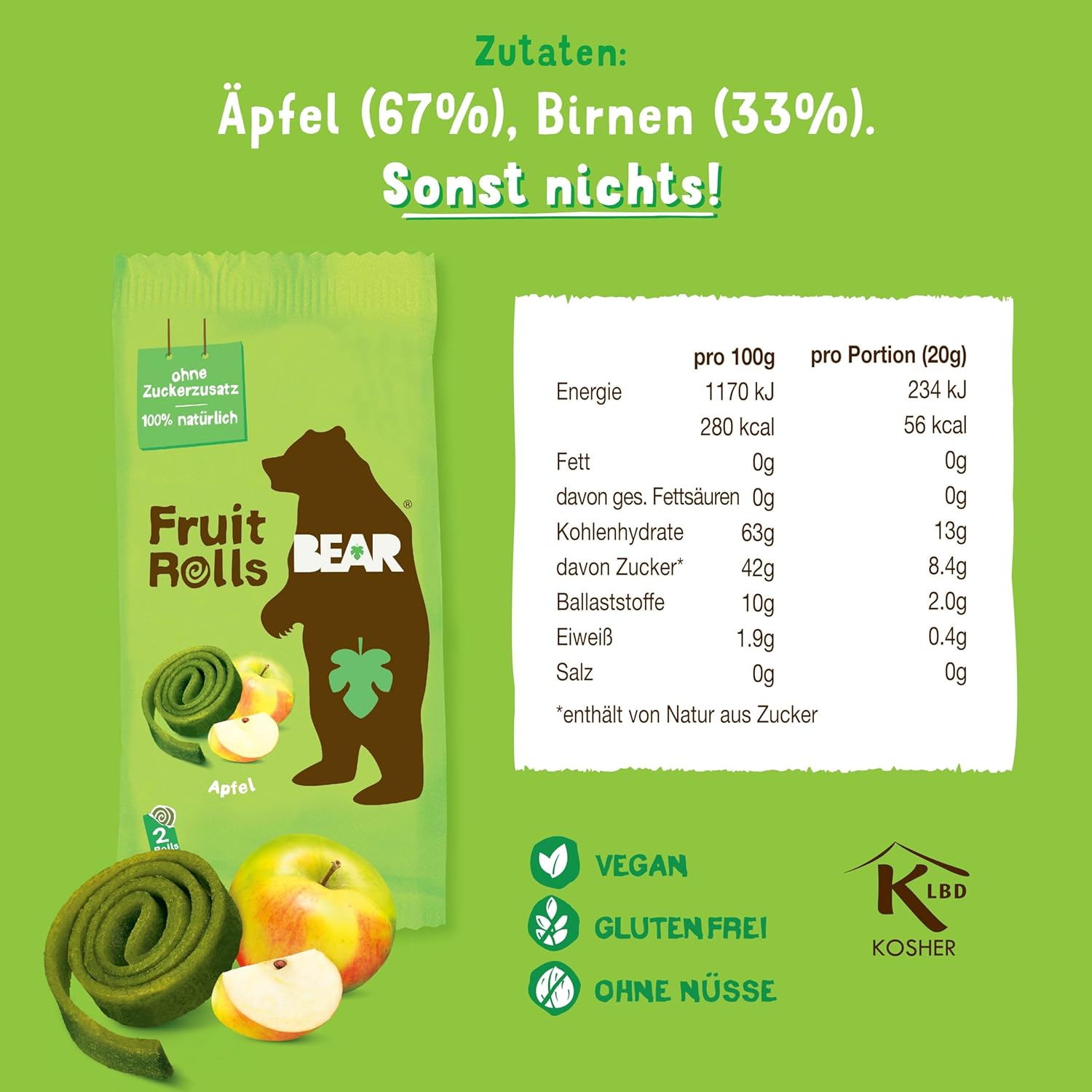 Detalle de BEAR Fruchtrollen Apfel – 100% natürliche Zutaten, ohne Zuckerzusatz (18 Beutel à 20 g, 360 g)