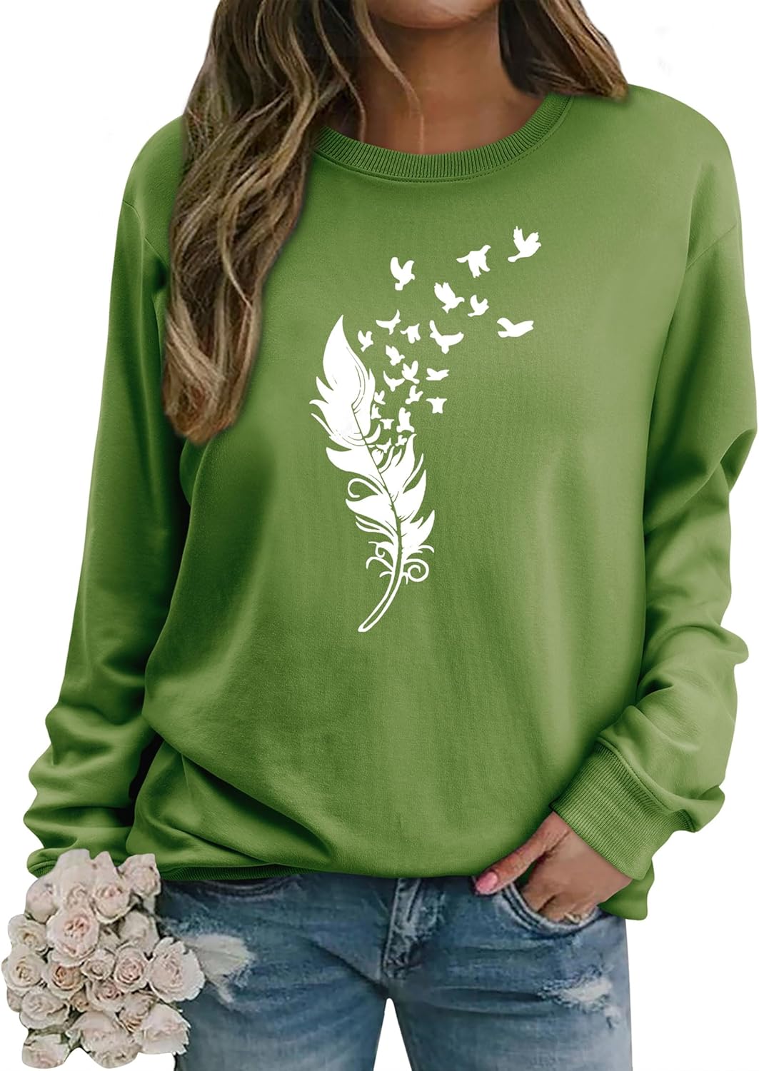 Thumbnail 2 de Dresswel Damen Pullover mit Feder & Vogel Grafikdruck (Rundhals, lange Ärmel) – Sweatshirt Langarmshirt