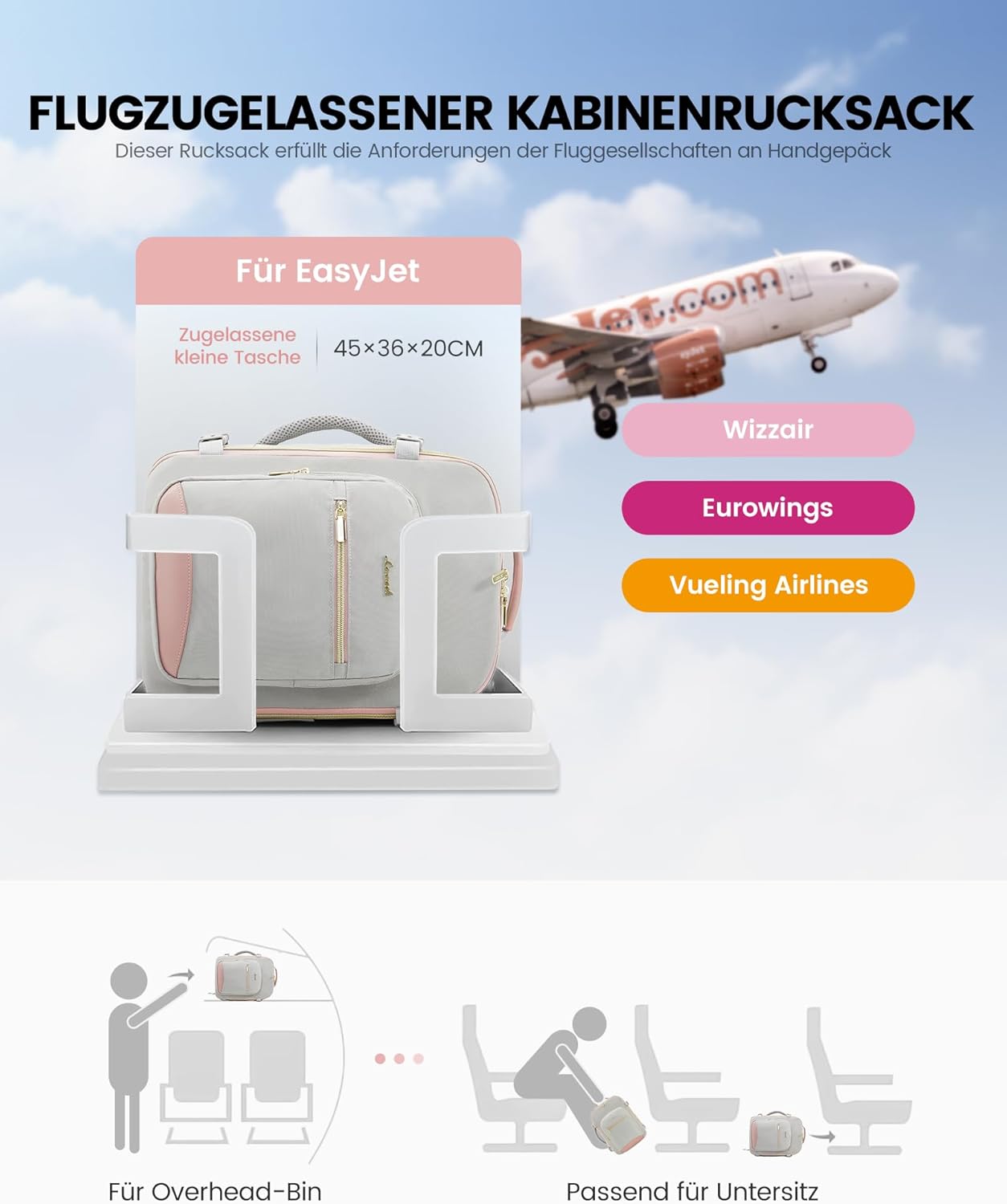 Thumbnail 5 de LOVEVOOK EasyJet Handgepäck 45x36x20 – Cabin-Bag Rucksack für Flugzeug & Handgepäckablage