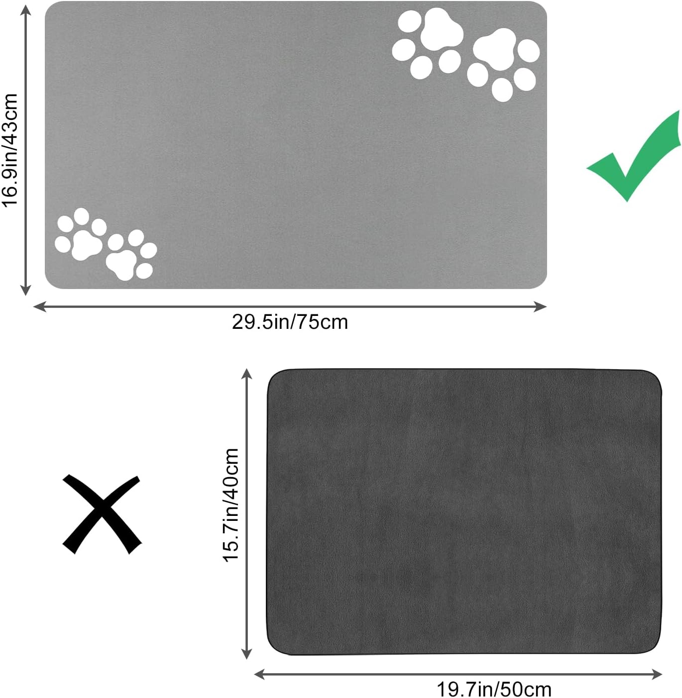 Detalle 2 de Lurowo Pet Feeding Mat Super Absorbent Dog & Cat Bowl Mat (Light Grey, 43 x 75cm) – Two Pairs of Paws Pattern
