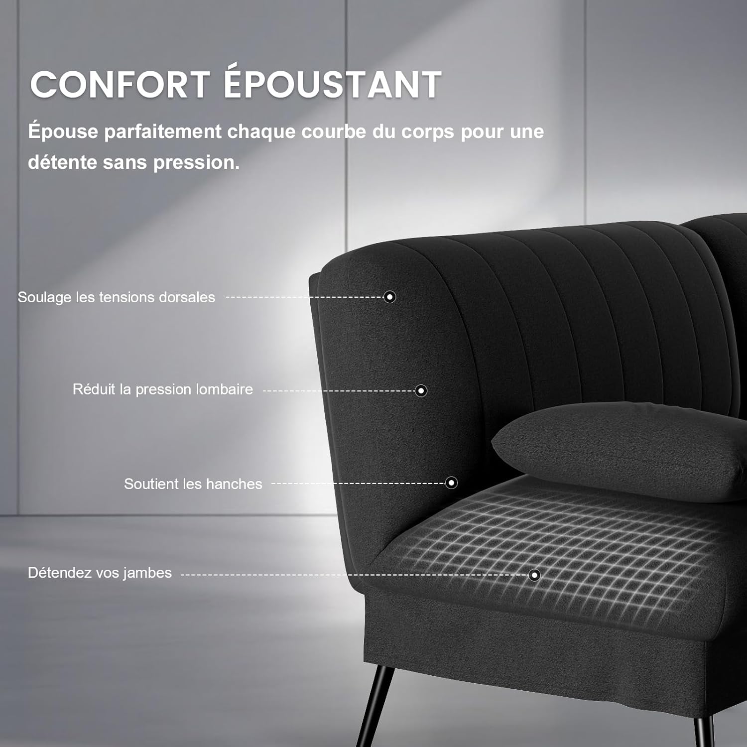 Detalle de COMHOMA Canapé Convertible 3 Places – Canapé-lit 2 en 1, dossier réglable 5 positions, velours coton noir