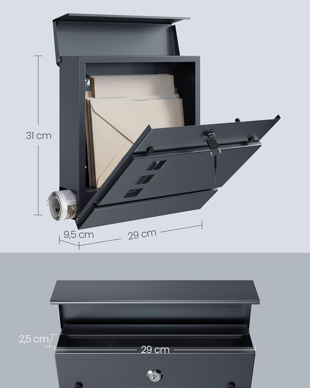 Detalle de SONGMICS XL Briefkasten mit Zeitungsfach, Sichtfenster und Schloss – anthrazit, 9,5 x 29 x 31 cm