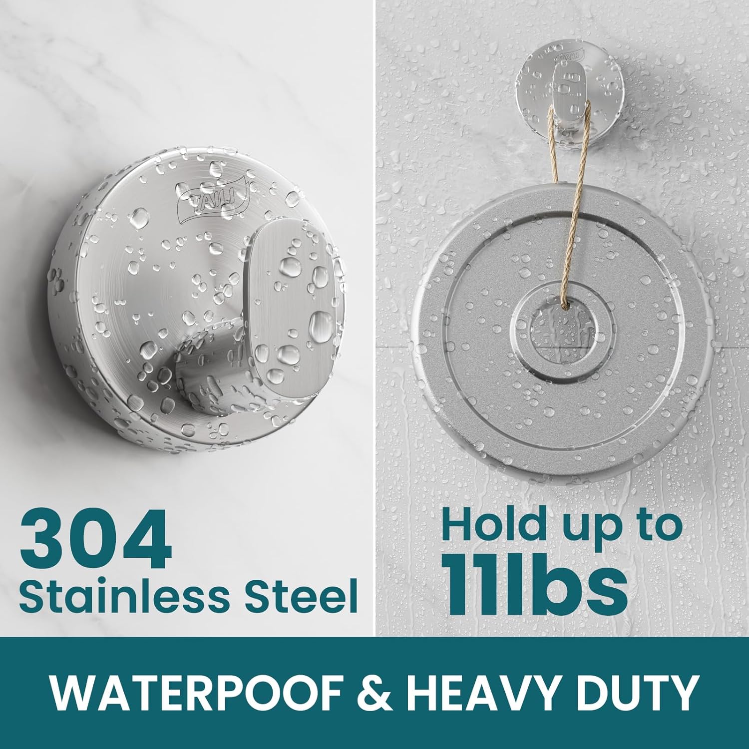 Detalle de TAILI Bathroom Towel Hooks with Vacuum Suction Cups (2 Pack) – Stainless Steel, No Drilling