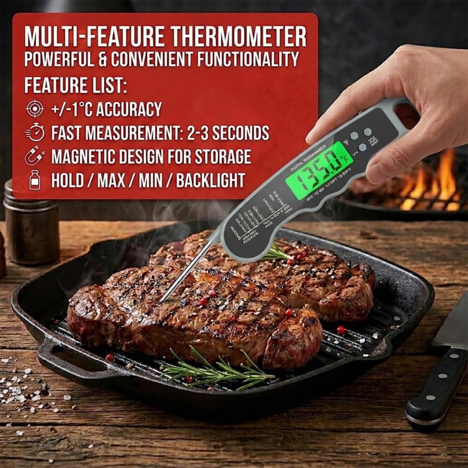 Detalle 2 de ZIKUREL Digital Instant-Read Meat Thermometer, Waterproof with Backlit Display