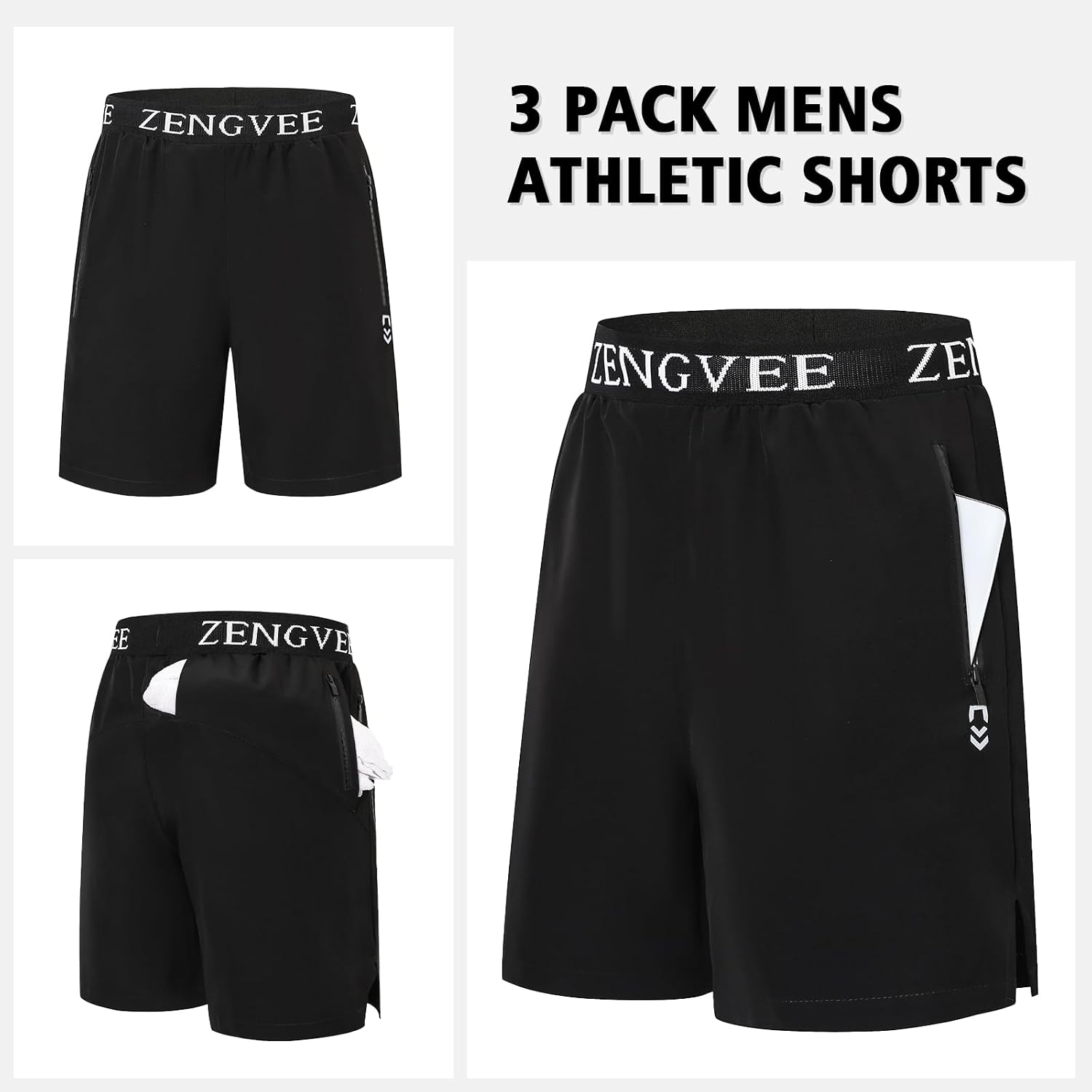 Detalle de Men’s Gym Running Shorts Athletic 1/3 Pack with Zip Pockets & Quick-Dry Fabric