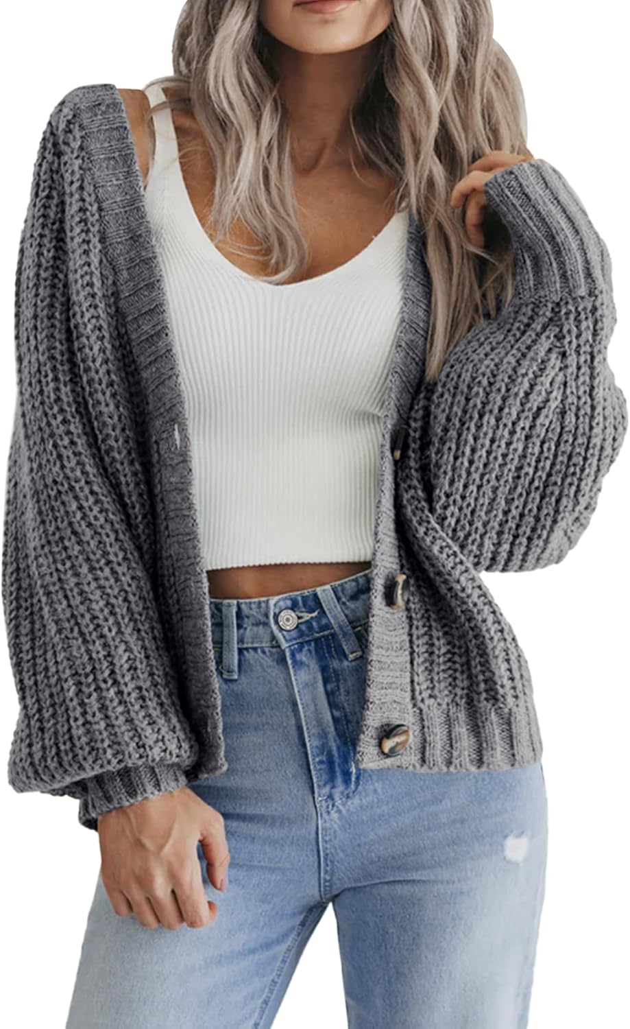 Thumbnail 5 de Hotouch Strickjacke Damen Kurz Strick Cardigan V-Ausschnitt mit Knopfleiste