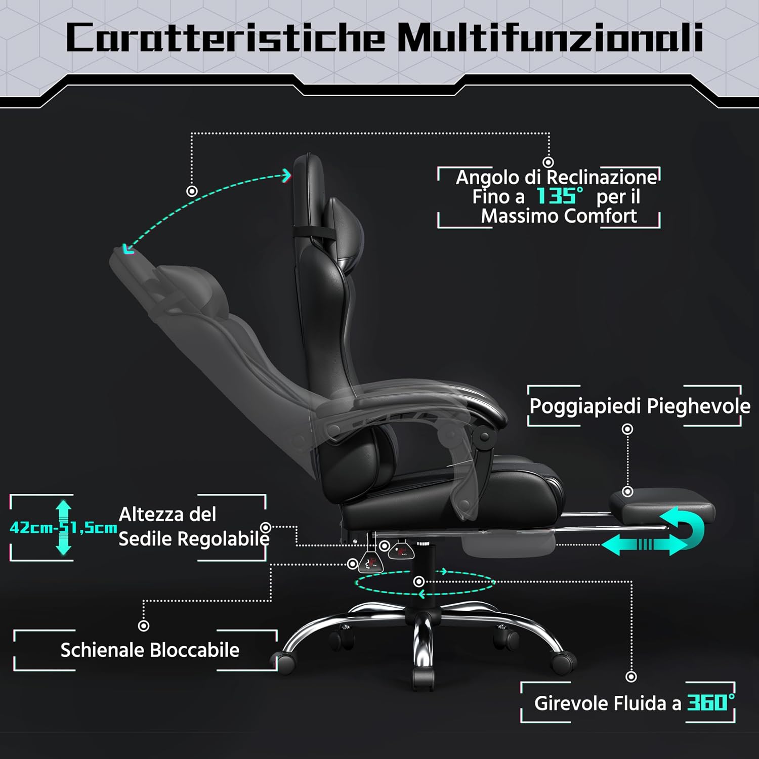 Thumbnail 3 de Yaheetech Sedia Gaming Ergonomica Massaggiante Reclinabile con Poggiapiedi, Poggiatesta e Supporto Lombare — Poltrona da Scrivania Nero