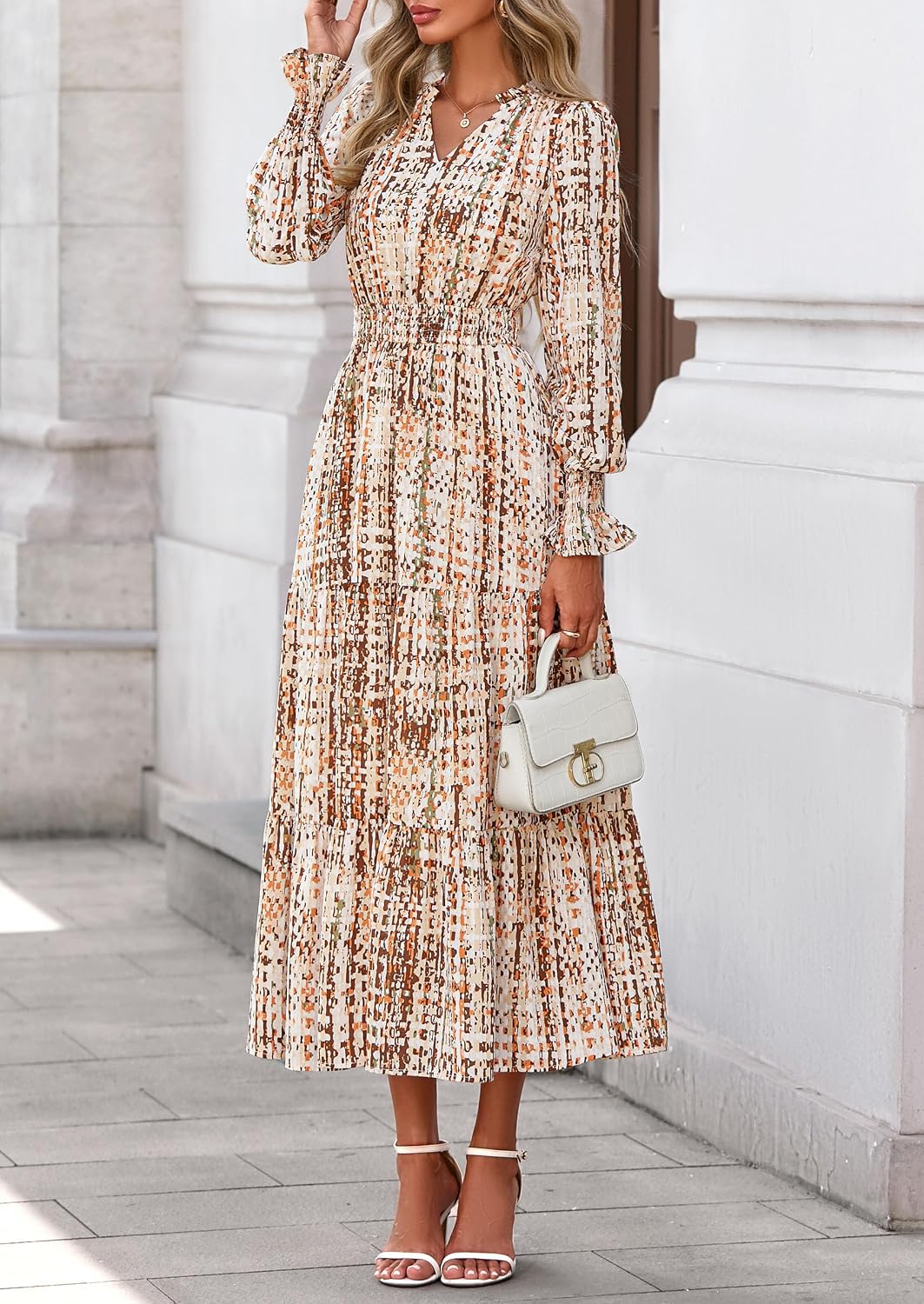 Detalle de PRETTYGARDEN Women’s Floral Maxi Dress (Long Sleeve V-Neck, A-Line) for Fall & Spring Events