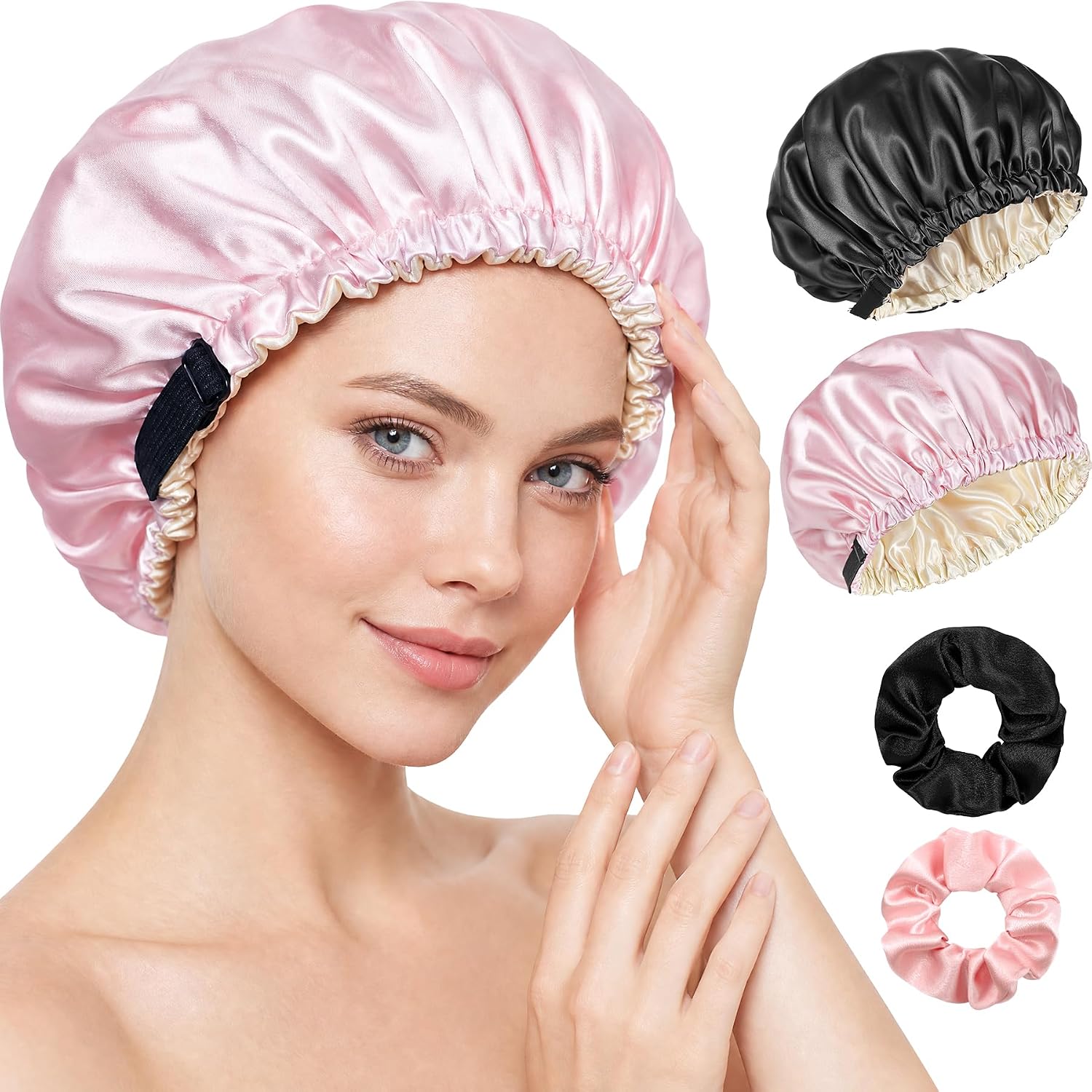 Detalle de Adjustable satin hair bonnets, polyester satin