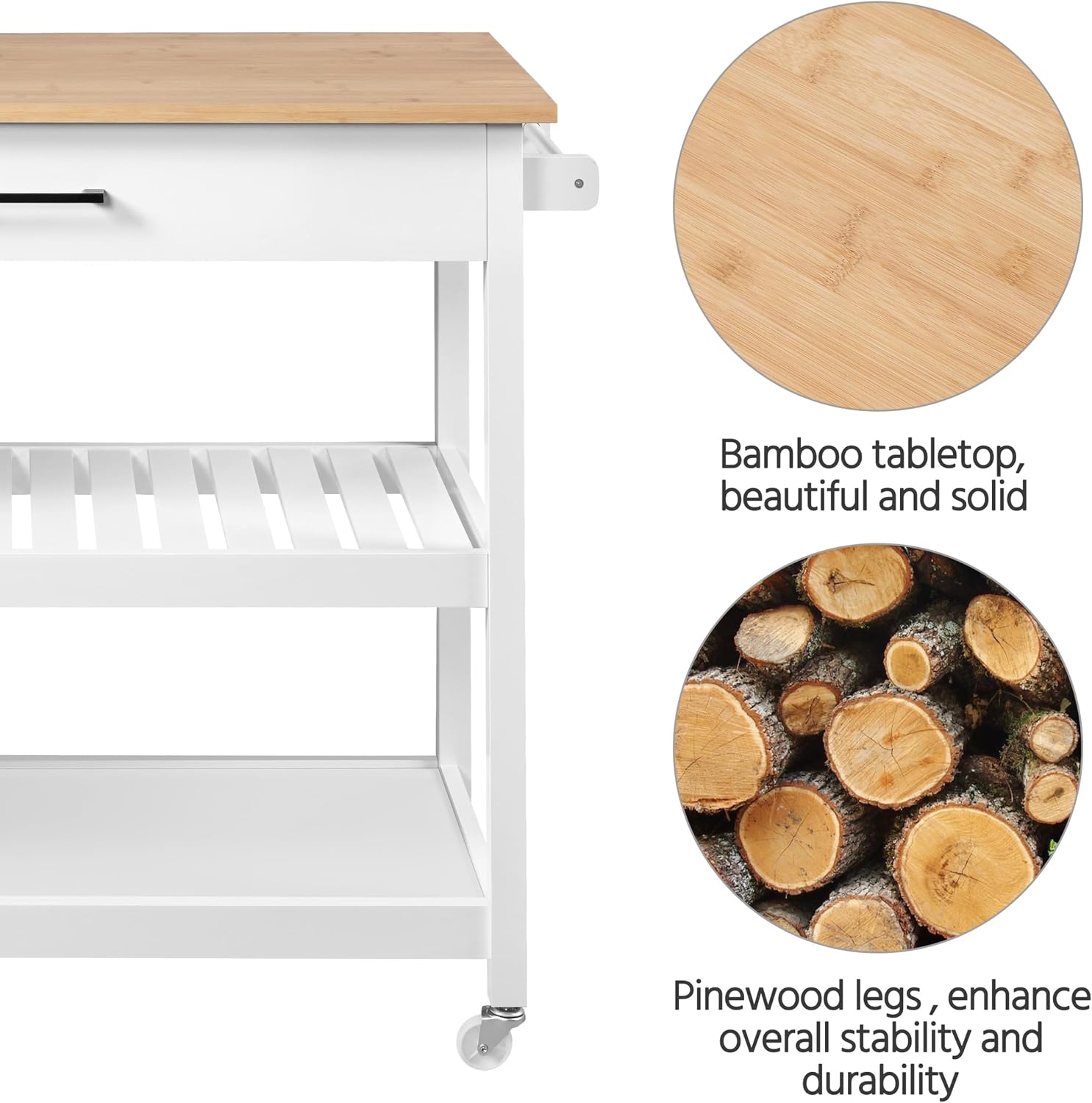 Detalle de Yaheetech YT-00099034-1 Kitchen Island Cart, White, Bamboo Top, Drawer
