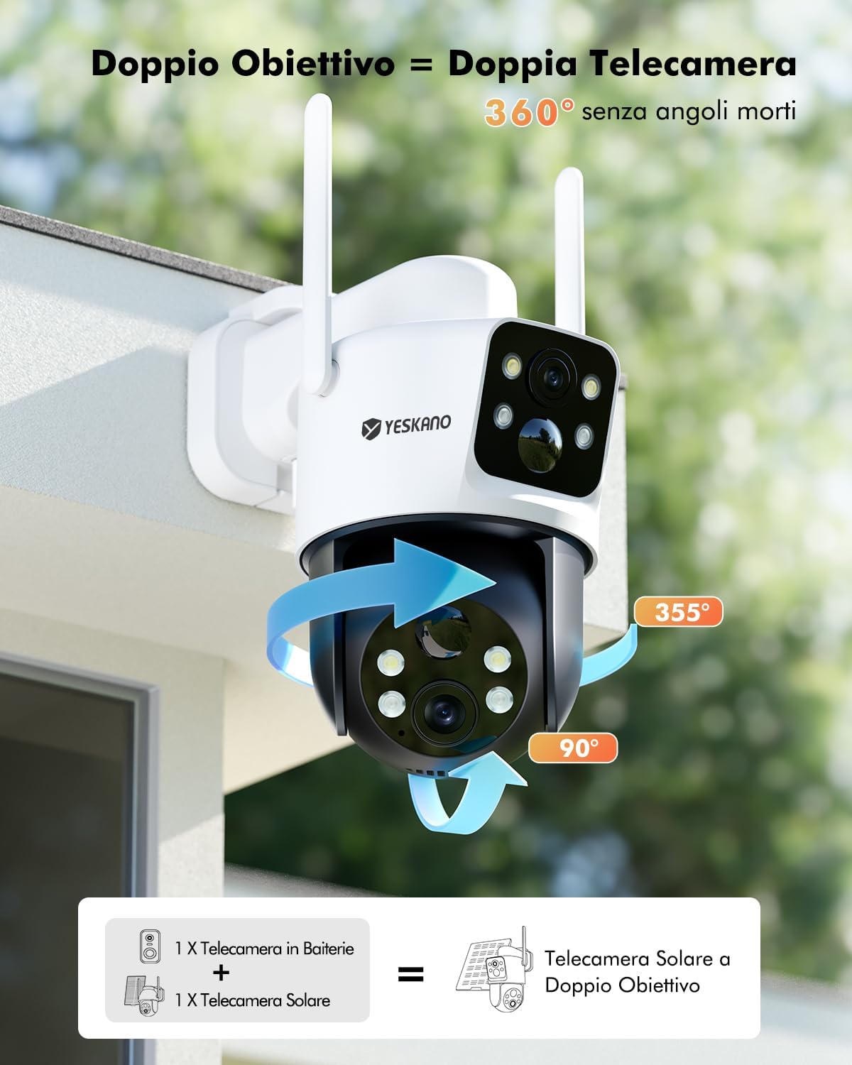 Thumbnail 1 de YESKANO 2K Telecamera Wi-Fi Esterno con Pannello Solare e Doppio Obiettivo – Sorveglianza 360°