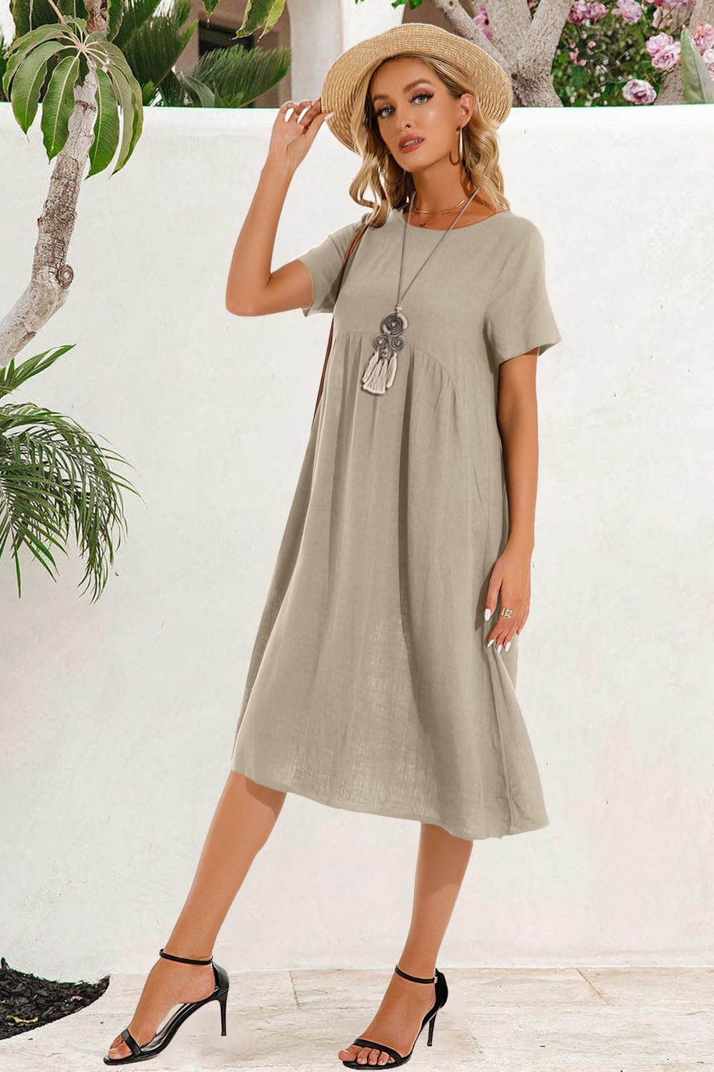 Thumbnail 2 de Tincini Sommerkleid Damen – Leinen Midi mit V-Ausschnitt, Reißverschluss und A-Linie