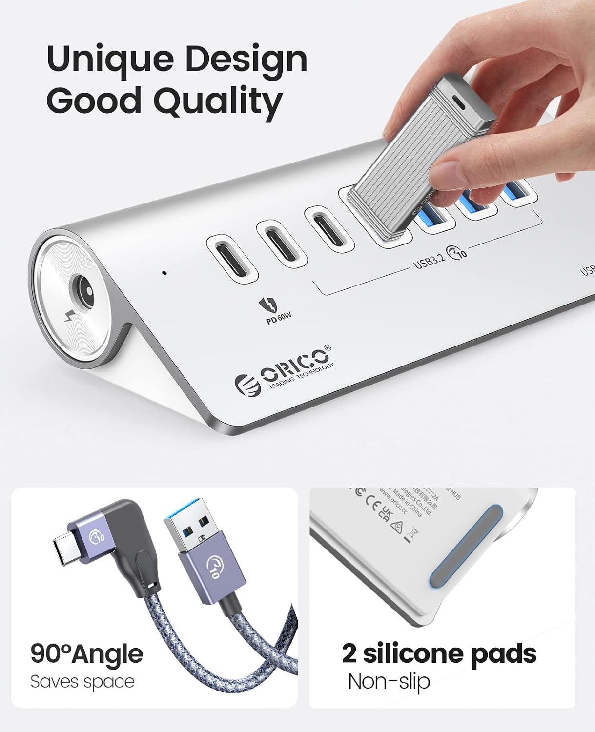 Detalle de ORICO USB C 3.2 Gen 2 Hub 7 porte con 10 Gbps e PD 60W, alluminio, 4x USB-A e 2x USB-C