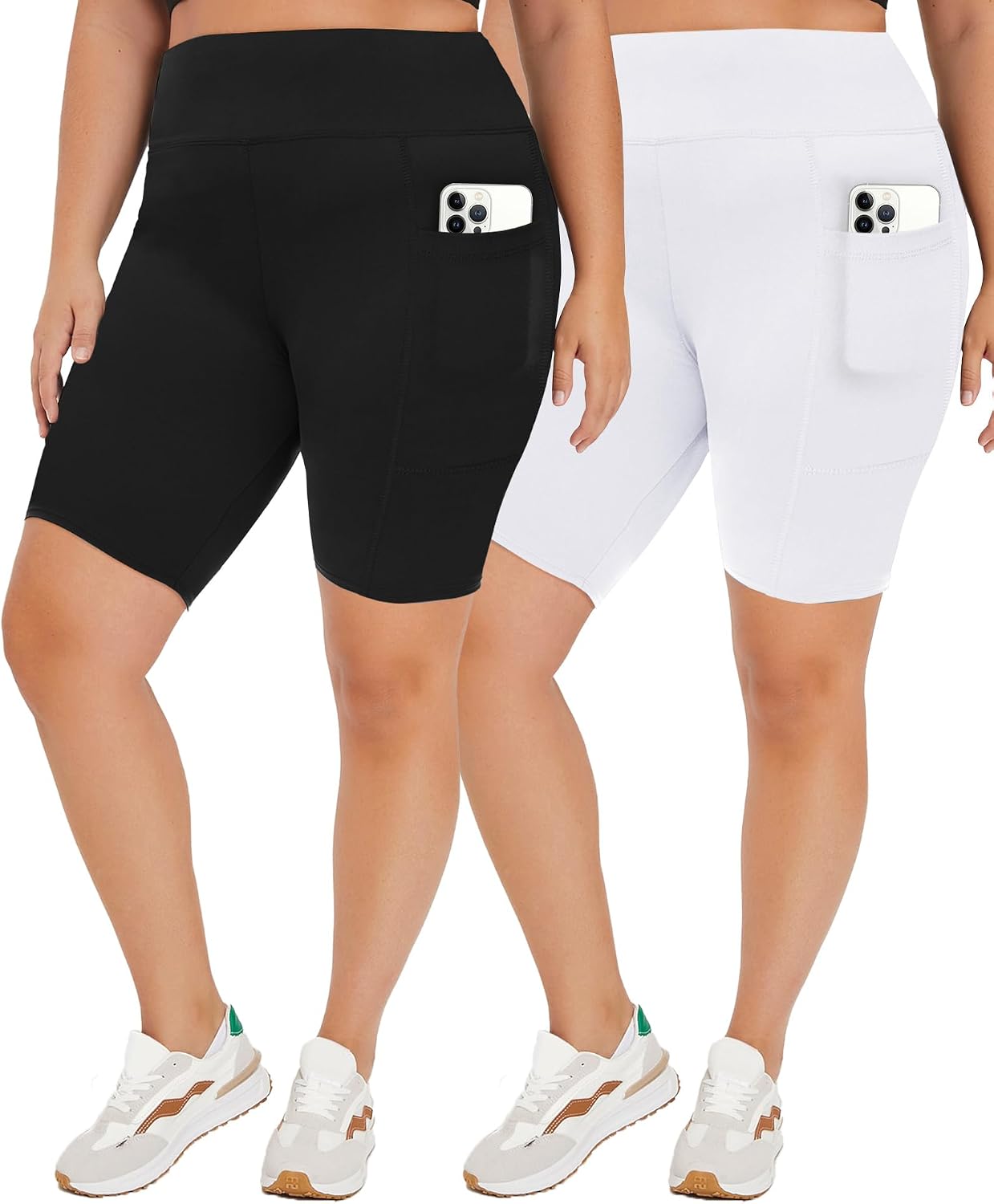 Detalle de TNNZEET 2 Pack Plus Size Biker Shorts for Women — 8" Inseam, High-Waisted, Tummy Control, Black/White (Sizes S-4XL)