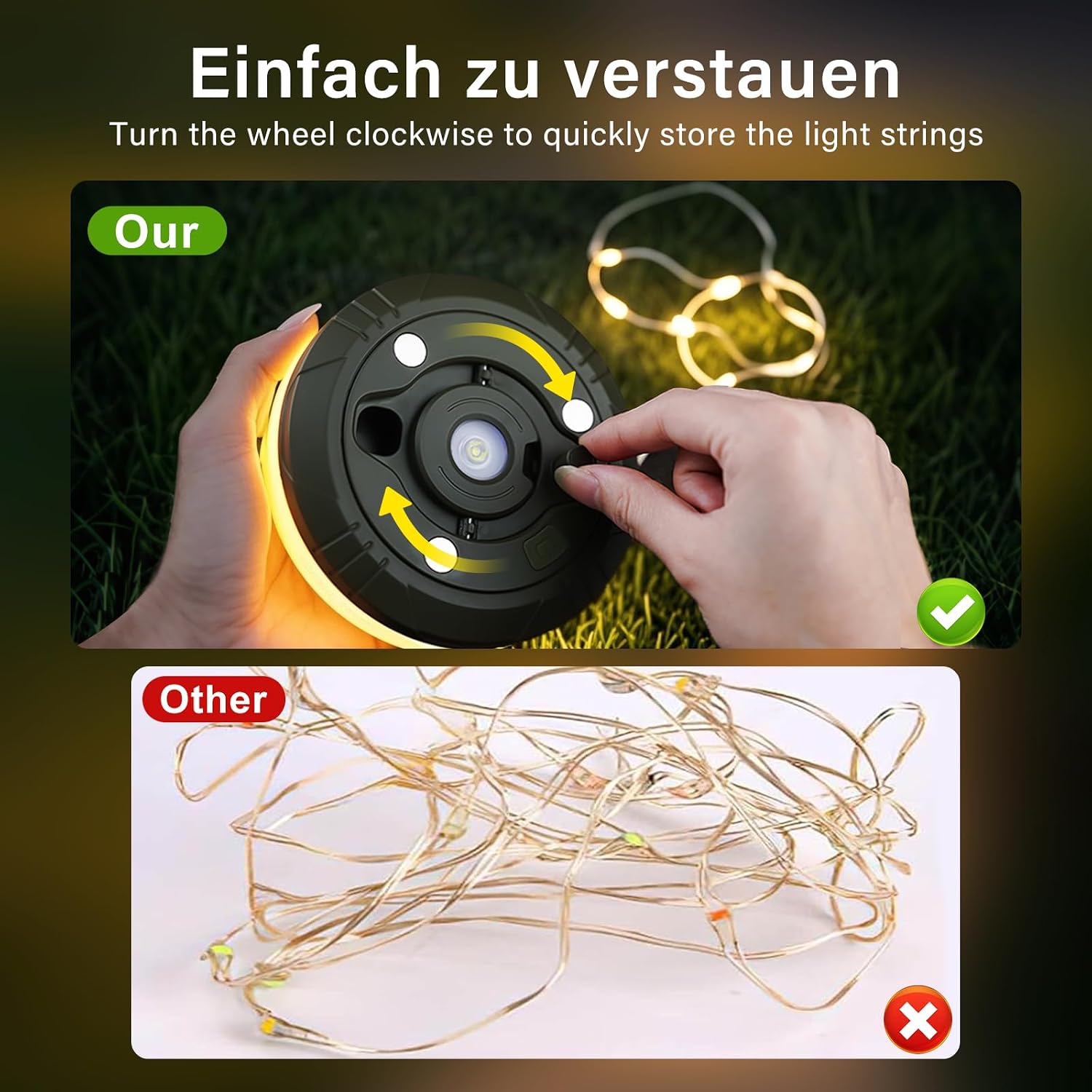Detalle de Camping Lichterkette Aufrollbar & Wasserdicht – 10 m, 8 Beleuchtungsmodi, 2500 mAh Powerbank, USB-Aufladung – Ideal fürs Zelt, Garten & Festival