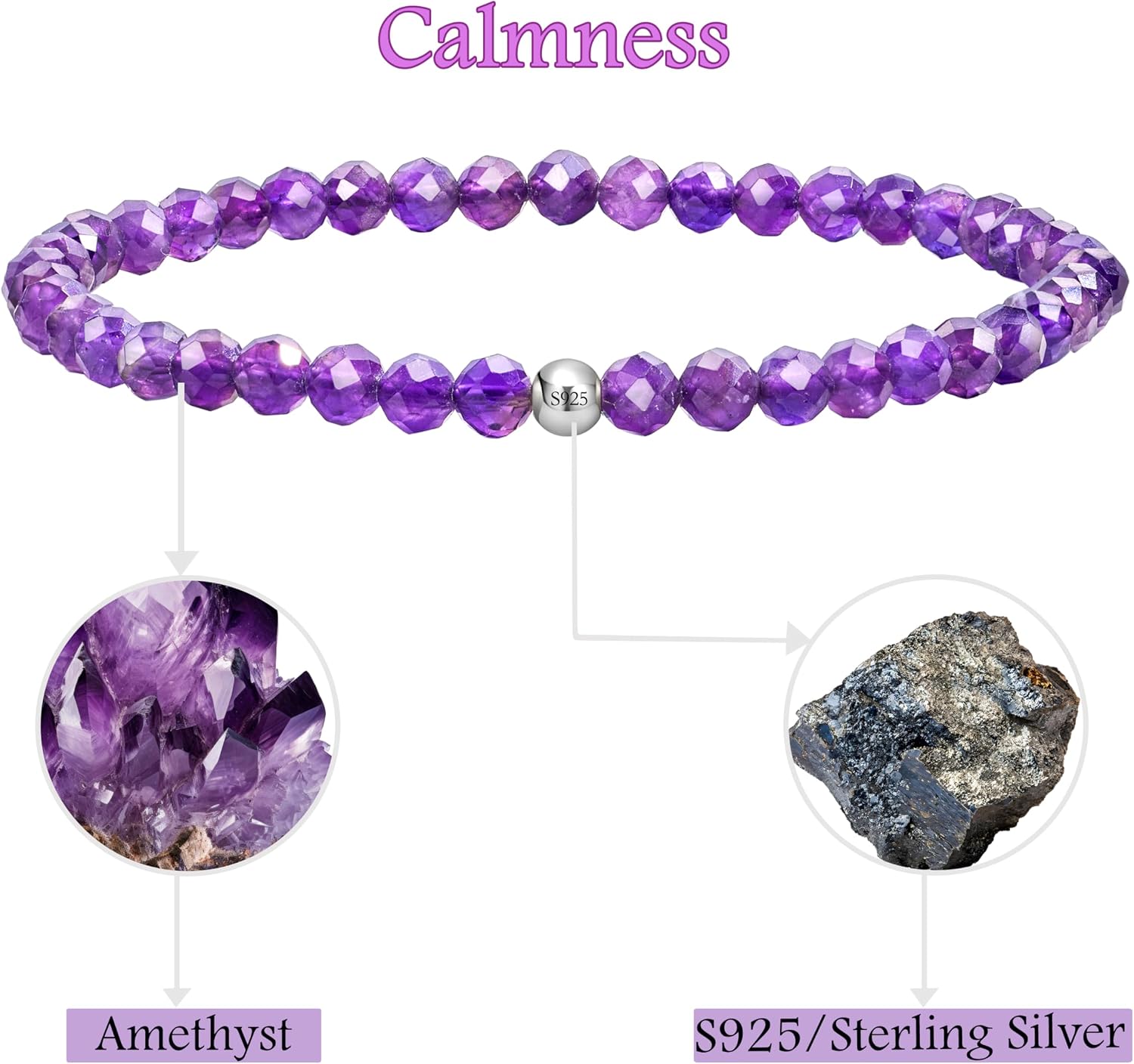 Detalle 2 de Farfume Edelstein-Perlenarmband mit Amethyst (4 mm) und Silber 925 – elastisch, natursteinbasiert