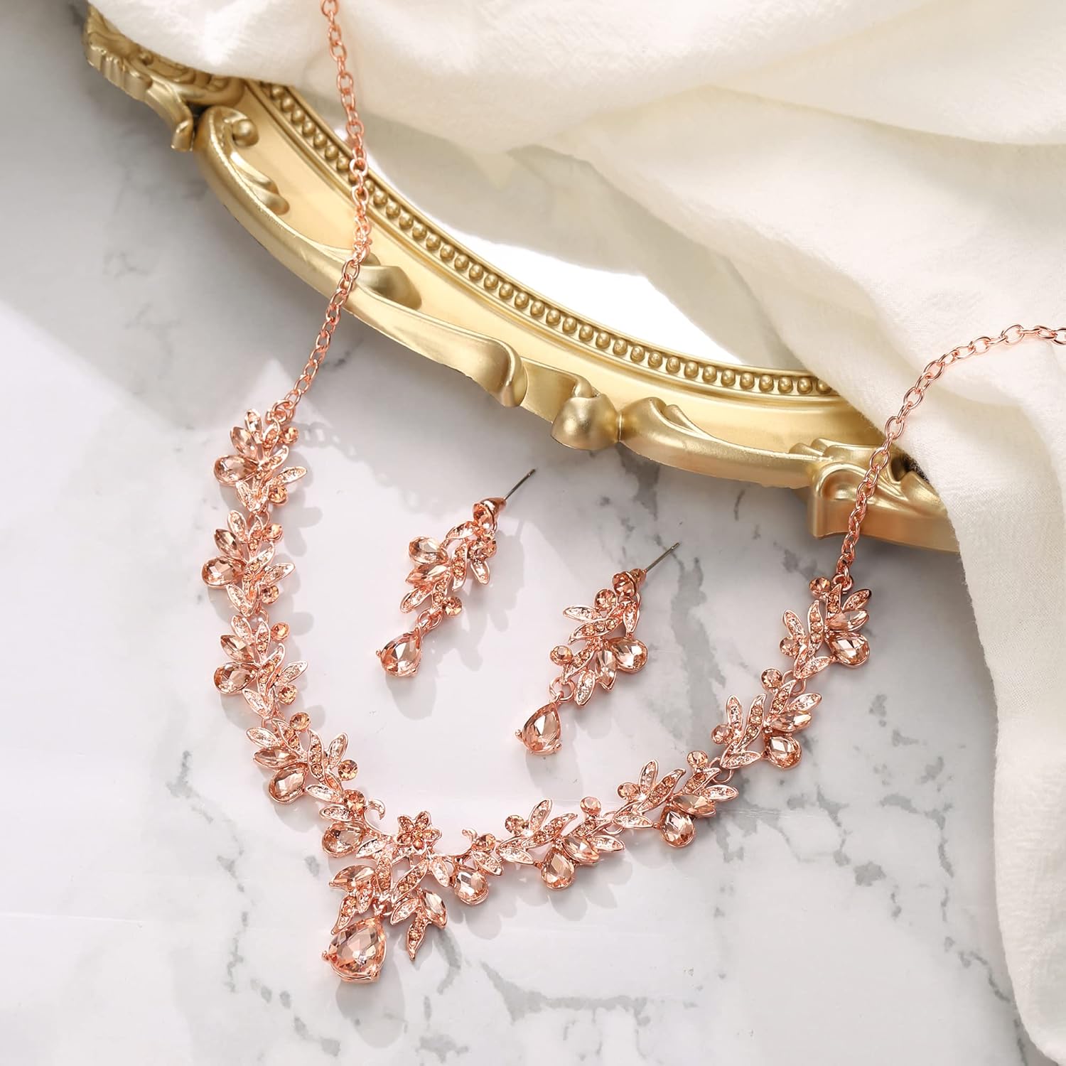 Thumbnail 2 de Clearine set di gioielli costume con collana e orecchini pendenti in stile goccia foglia con strass