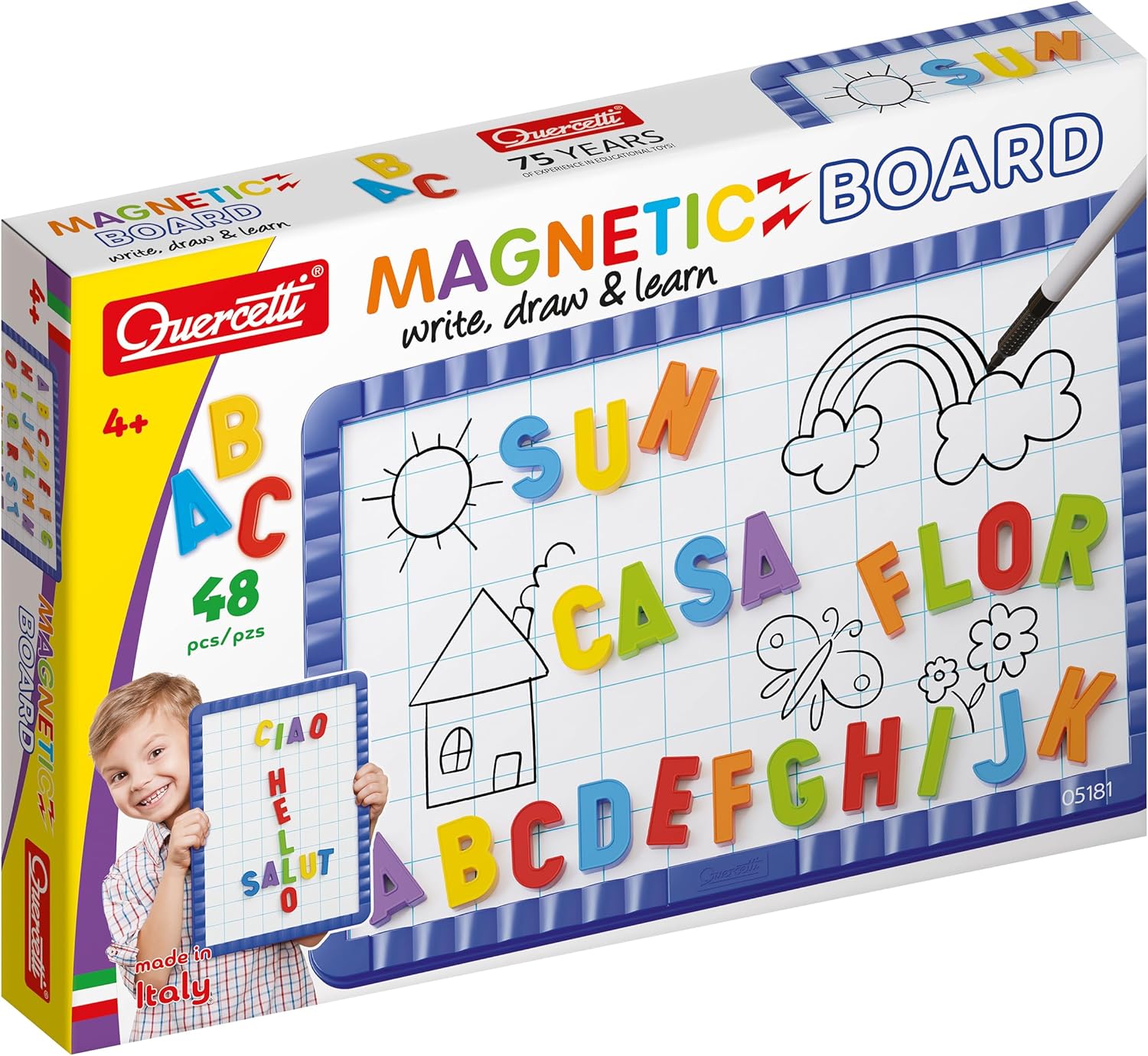 Quercetti Magnetino Letters Basic: lavagna magnetica con 48 lettere colorate per imparare l’alfabeto