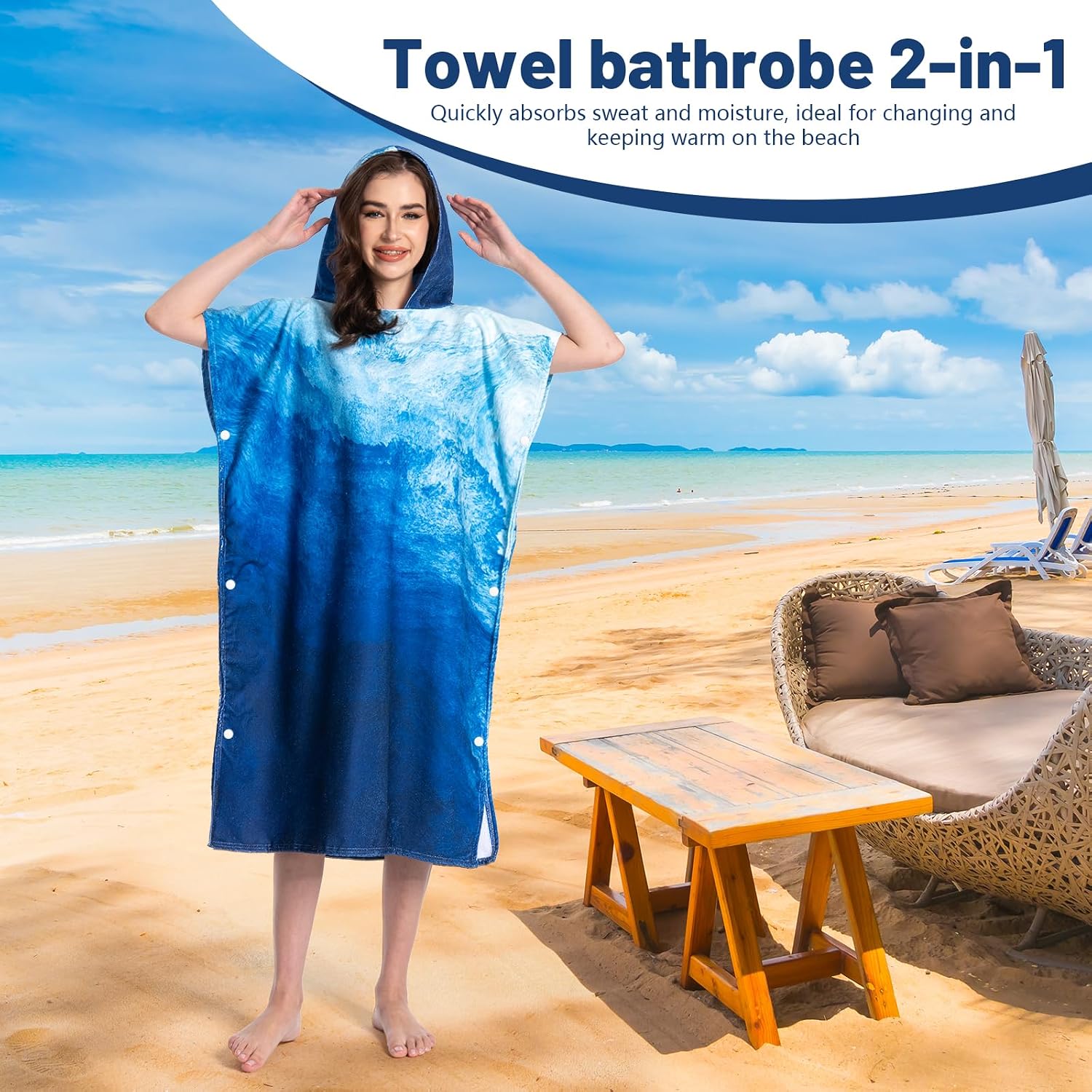 Detalle de MOKANI Changing Robe: Hooded Towel Poncho for Swimming, Beach and Surf