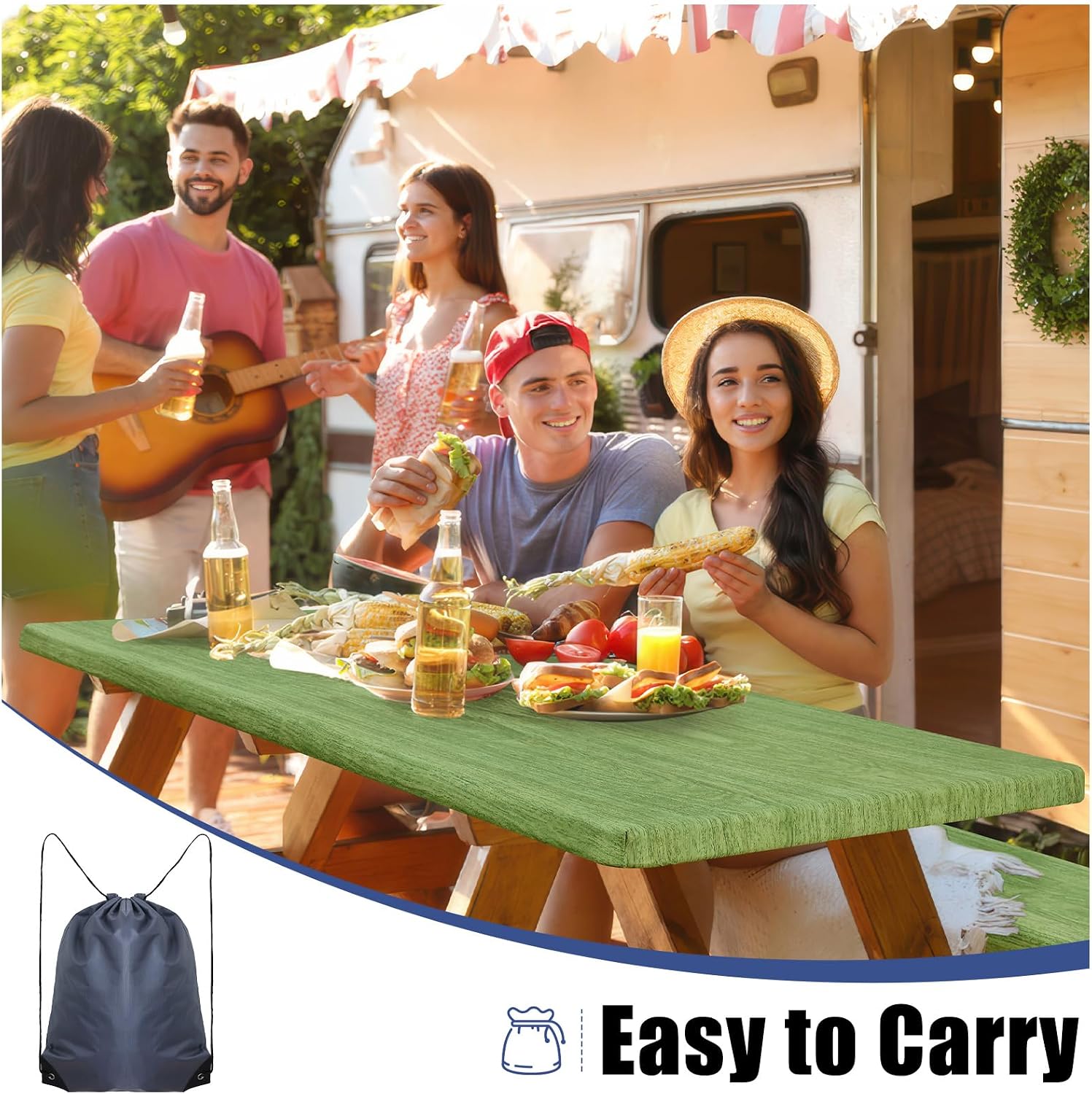 Thumbnail 4 de Smiry Picnic Table Cover with Bench Covers – 3-Piece Waterproof Set for 96x30 Table & 96x12 Benches (Green & Black)