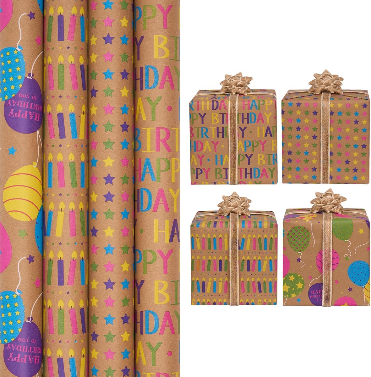 Detalle de 3 Rolls Birthday Gift Wrapping Paper | Kraft, 43cm x 3m each, 3 designs (Dots, Star, HAPPY BIRTHDAY)