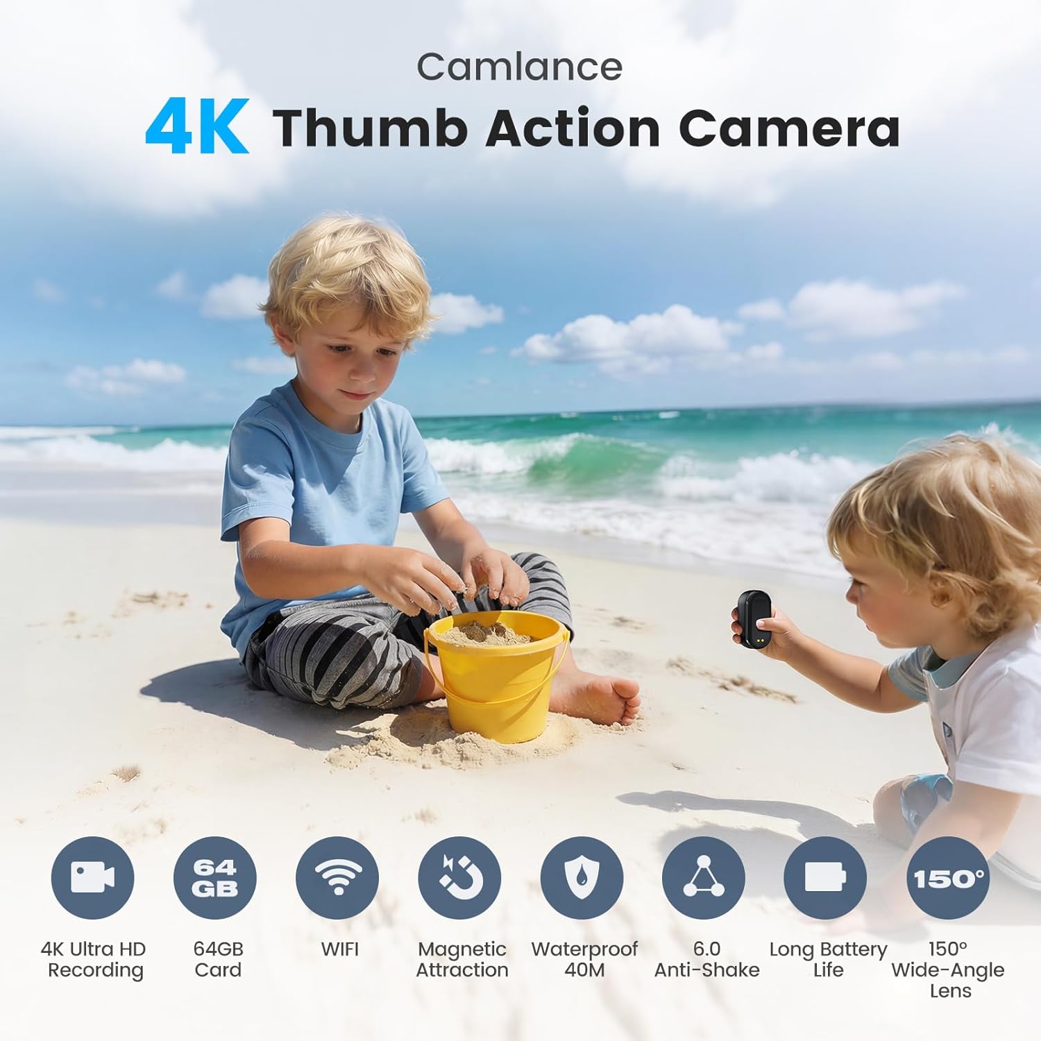 Thumbnail 1 de Caméra Camlance 4K Mini Sport – 20 MP, Stabilisation 6 axes, Waterproof 40 m, Magnétique et WiFi (64 Go inclus)