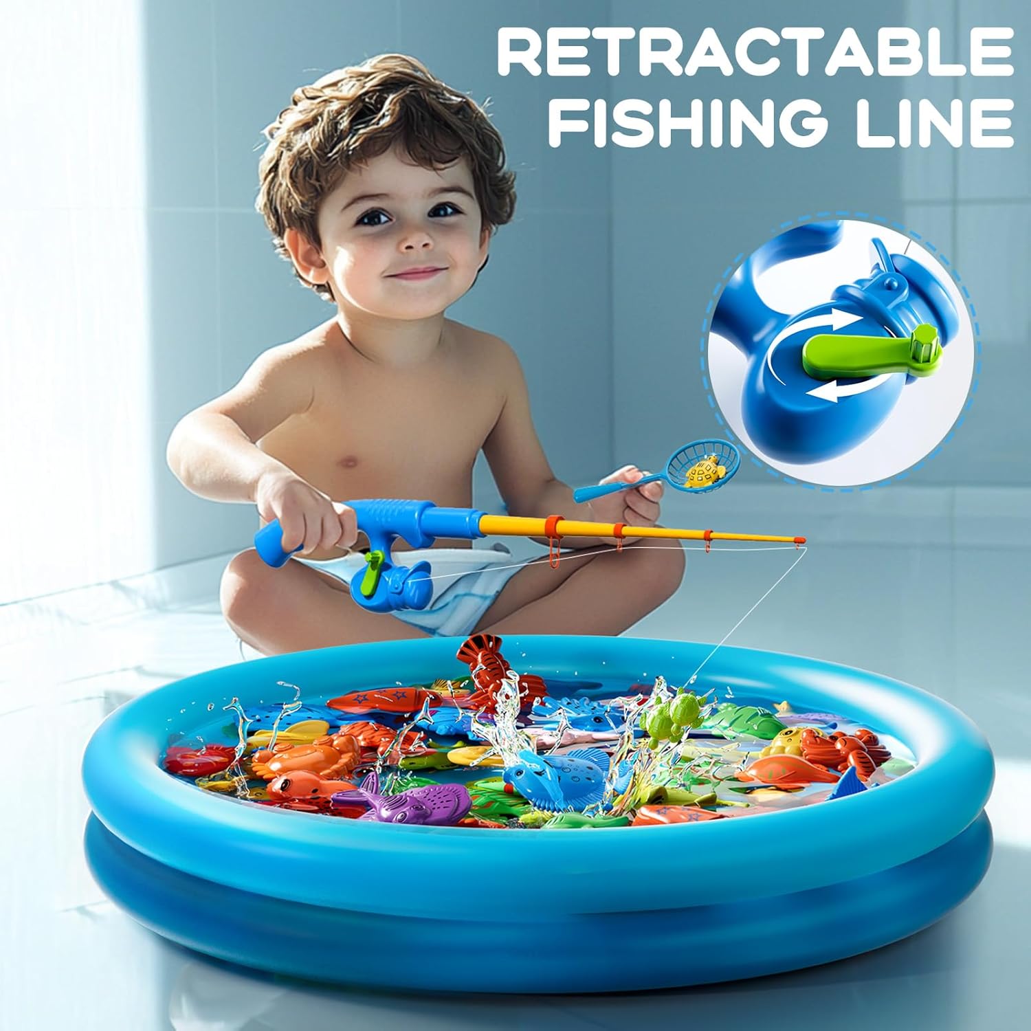 Detalle 2 de Magnetic Fishing Pool Toys Game for Kids (Ages 3–8) – Inflatable Water Table Bath Toy with Magnetic Rods, Nets & 44 Fish