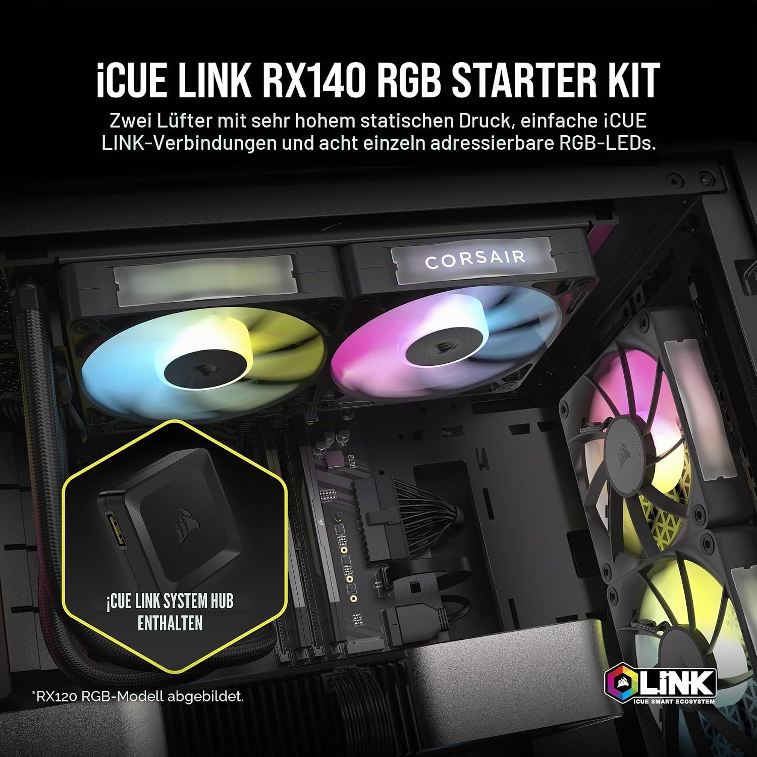 Detalle de CORSAIR iCUE LINK RX140 RGB 140mm PWM-Lüfter – Dual Pack, Schwarz
