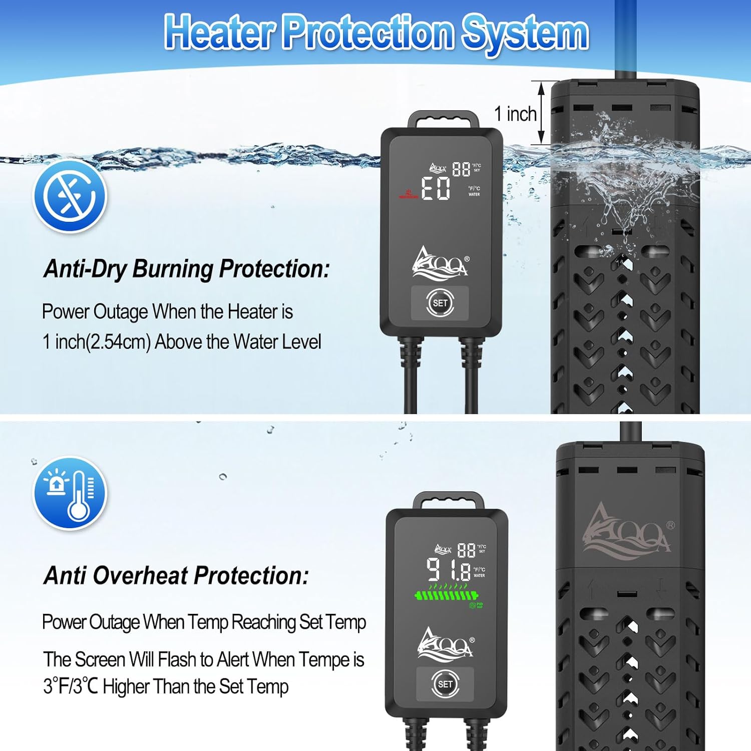 Detalle de AQQA 800W Submersible Aquarium Heater with LED Thermostat Controller