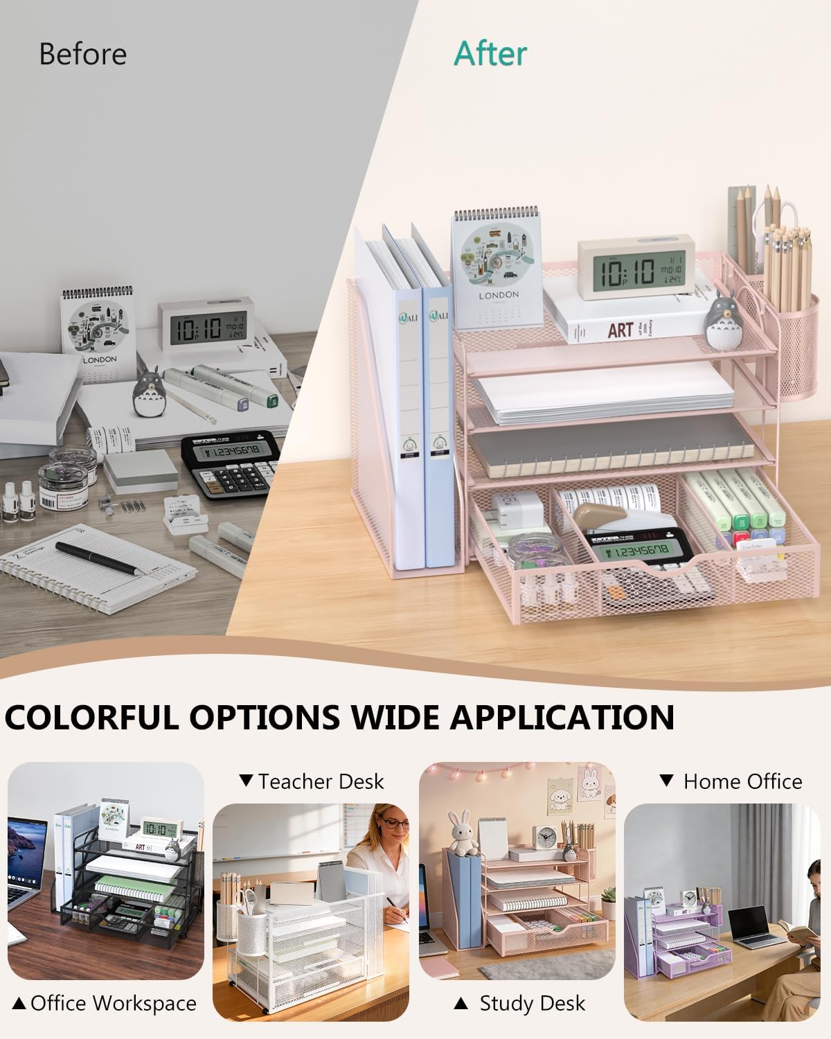 Detalle 2 de WALI DO005DH-P 4-Tier Desktop File Organizer with Drawer and Pen Holders, Pink