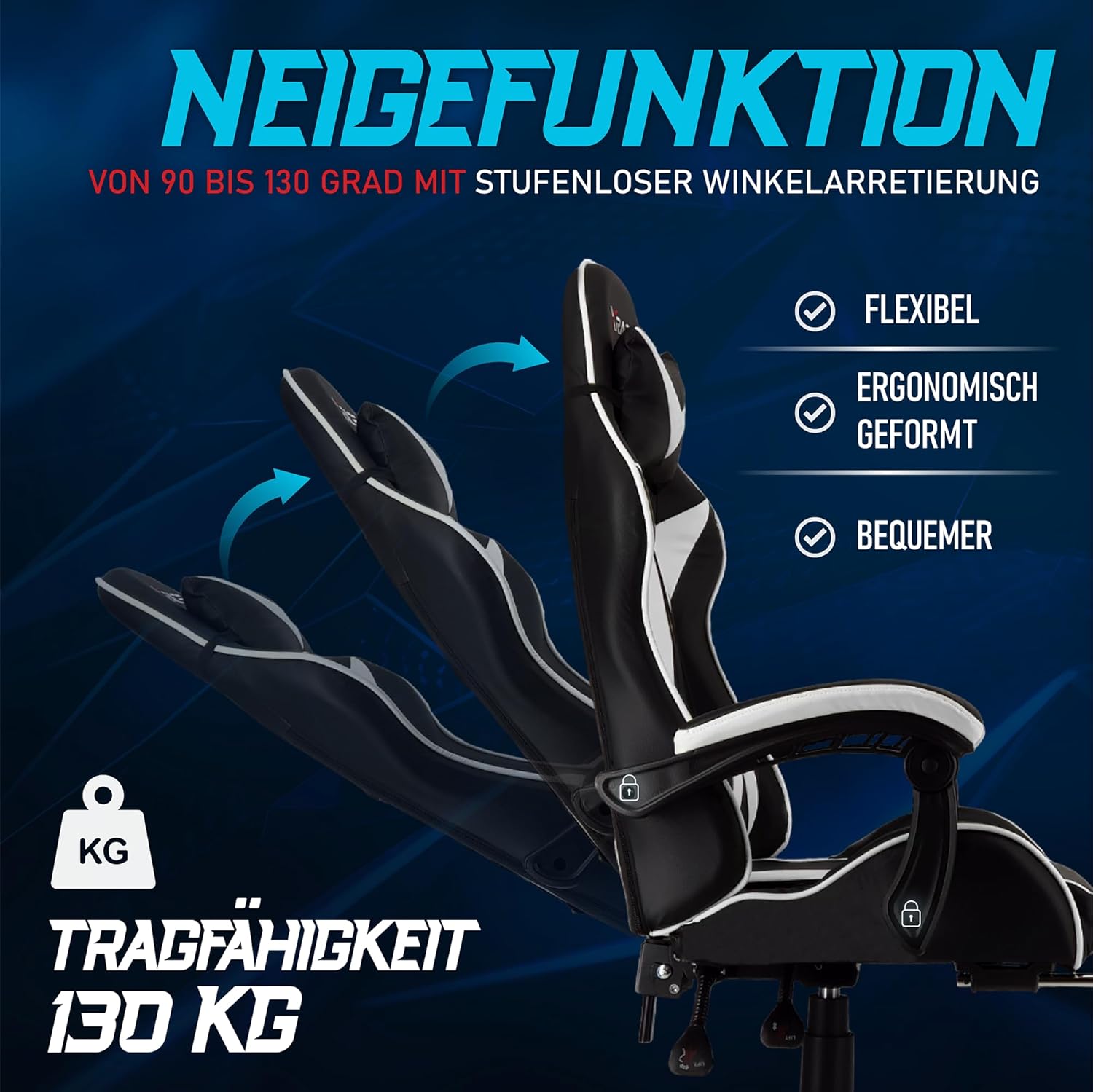 Thumbnail 4 de xRace Gaming Stuhl (weiß) – ergonomischer Bürostuhl mit Lendenwirbelstütze, Kopfstütze und Fußstütze