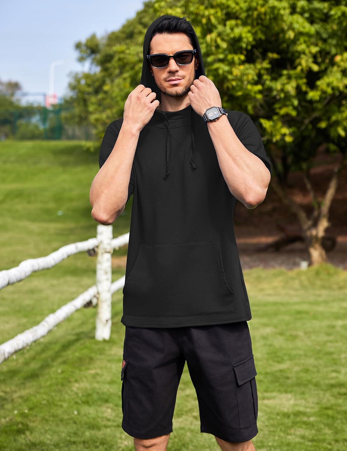 Thumbnail 2 de COOFANDY Sweat à Capuche Homme Manche Courte - Sweat léger avec Poche Kangourou, Style Urbain & Sport