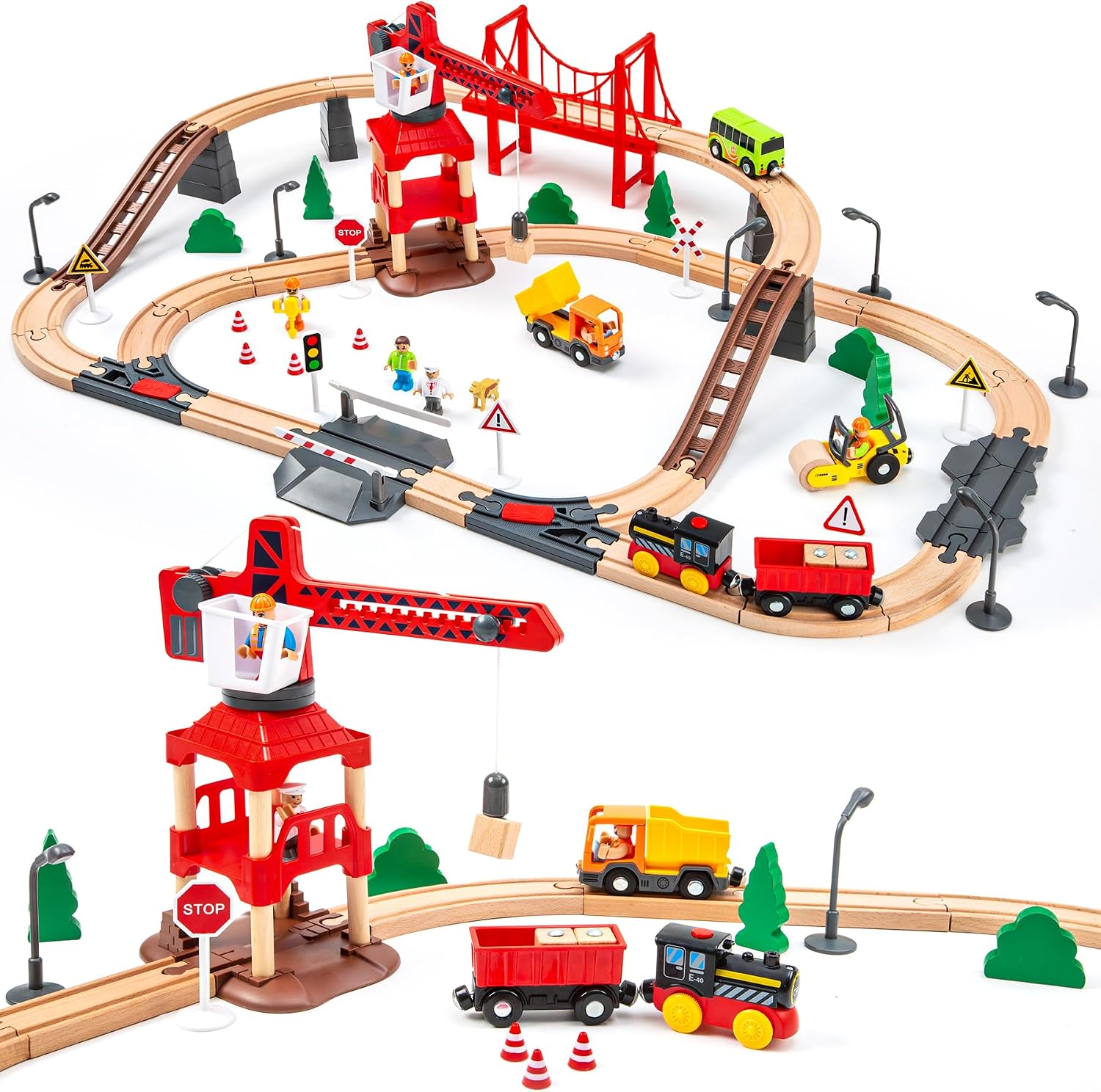 Detalle de 86pcs Wooden Train Set with Crane 360°