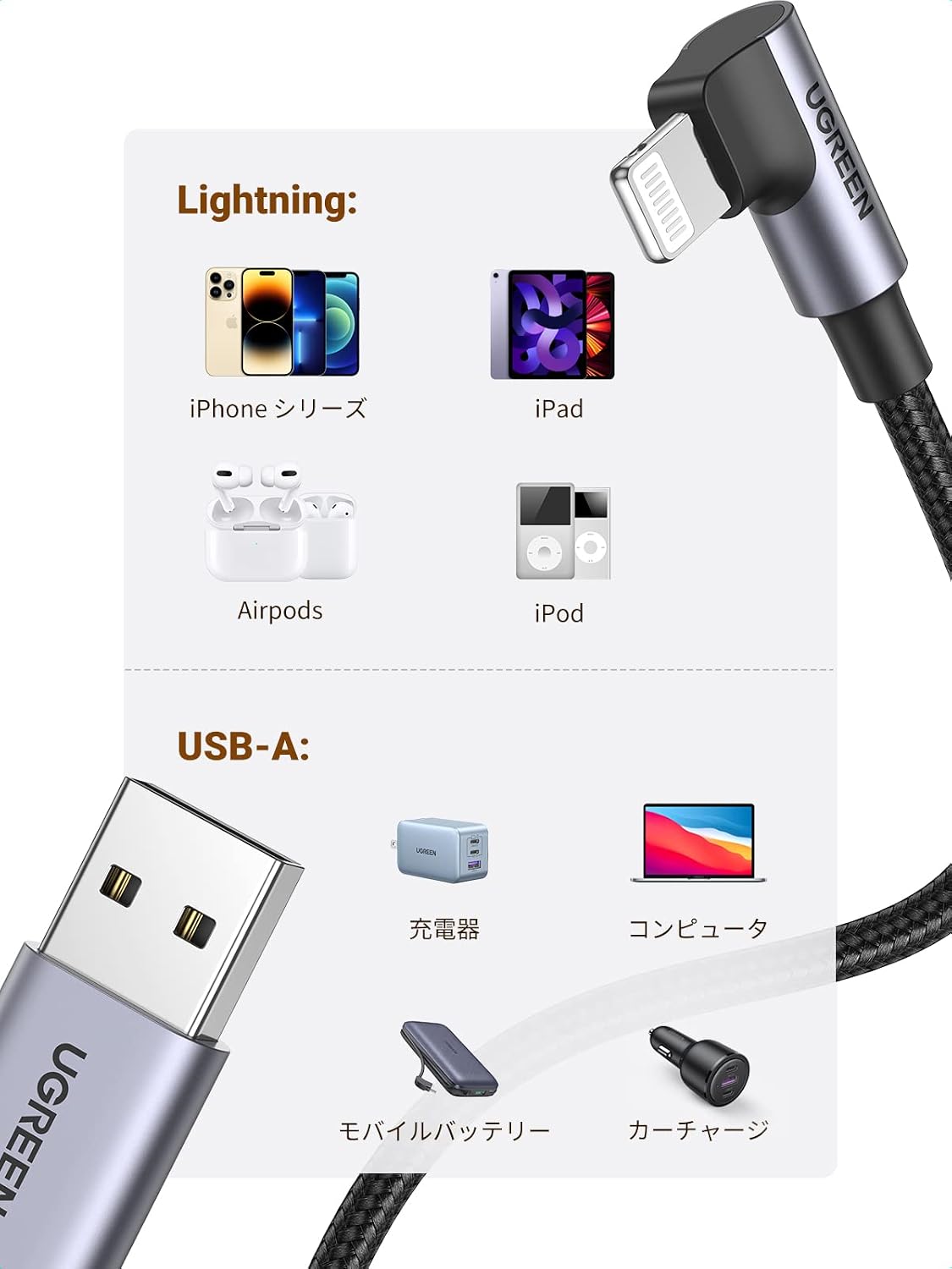 Thumbnail 6 de UGREEN L字型Lightning USBケーブル 1m、MFi認証・ナイロン編み、ブラック