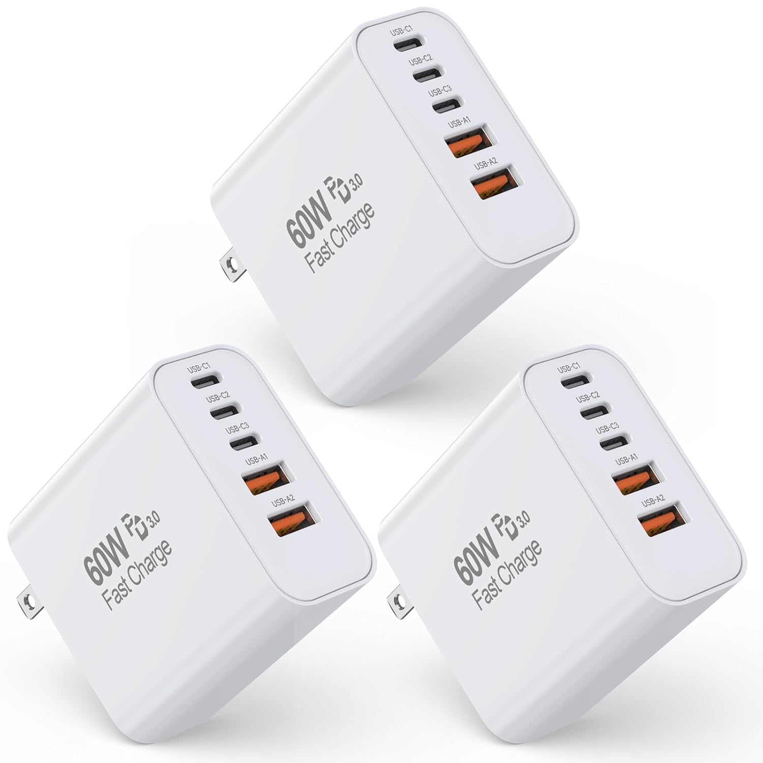 Detalle de 3-Pack Apple 17 Pro Max Charger: 60W 5-in-1 USB-C Wall Block with PD 3.0 and QC 3.0